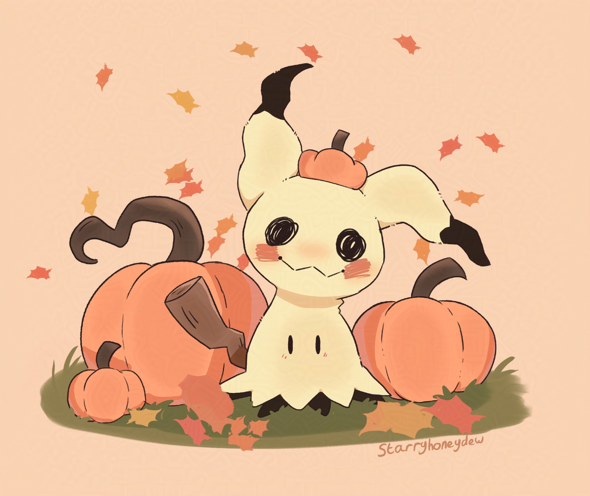 an illustration of the pokemon Mimikyu. they are sitting between three pumpkins as leaves fall around them, they are also wearing a little pumpkin hat