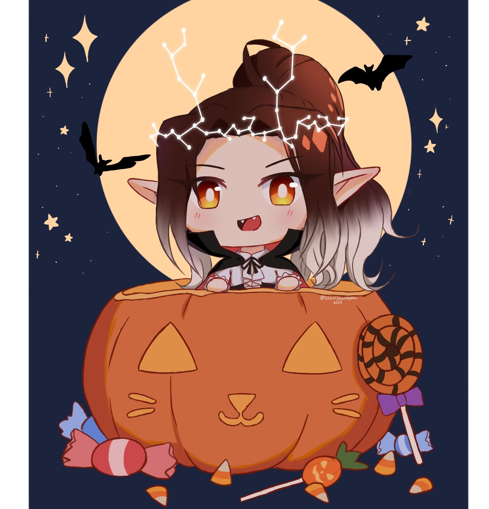 a chibi illustration of Honey's elf sona/oc. he is wearing his halloween outfit which is a vampire outfit and is sitting in a giant pumpkin with candy around him. there is also a full moon and some bats behind him