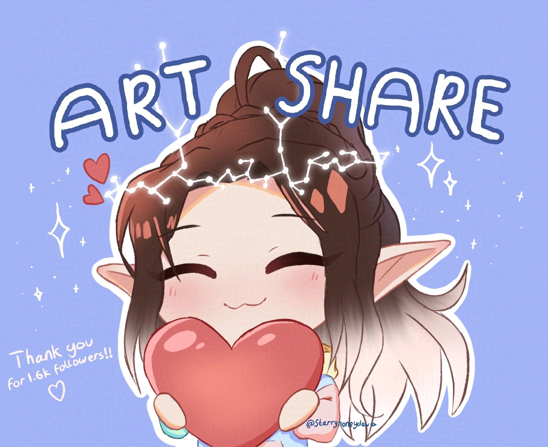 a chibi illustration of Honey's elf sona/oc, he has a closed eye smile and is holding a heart with sparkles around him. there is some small text in the bottom left corner that reads "thank you for 1.6k followers!!"