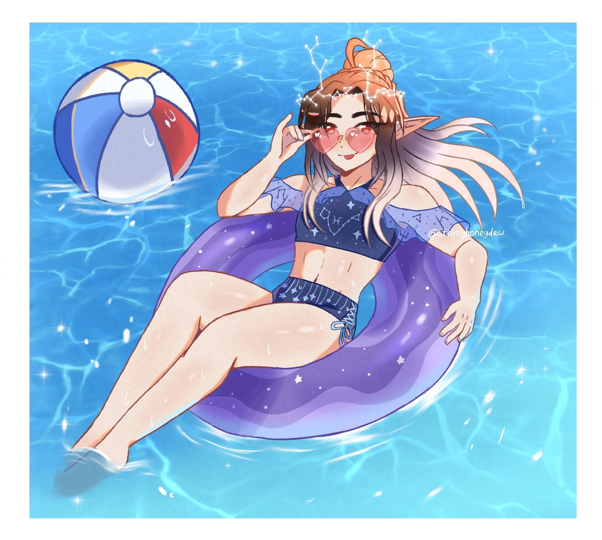 an illustration of Honey's elf sona/oc. he is in a swimming pool and is sitting in a pool floatie with a beach ball floating next to him. he is moving his heart shaped sunglasses down a little and has a small blep.