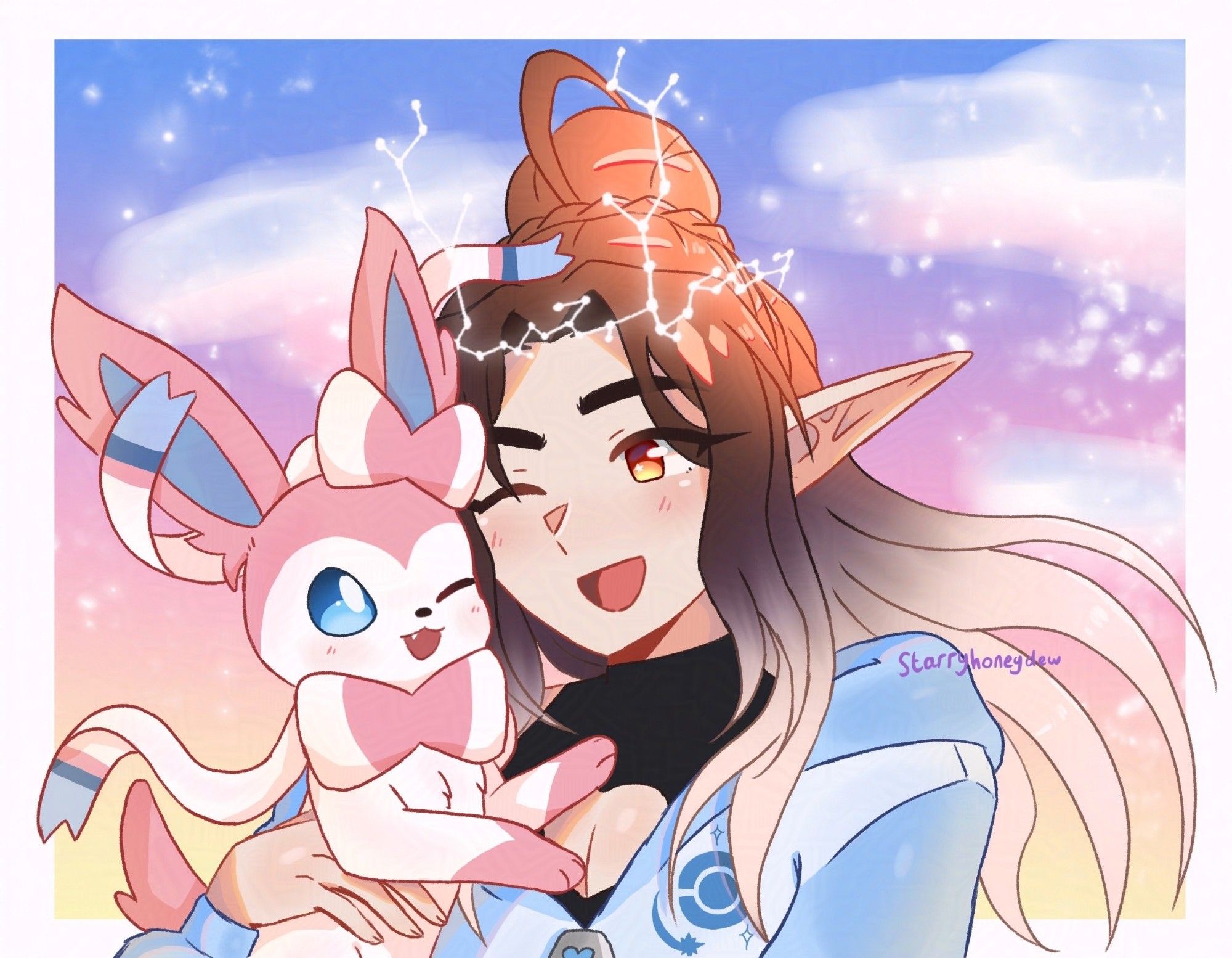 an illustration of Honey's elf sona/oc holding the pokemon Sylveon for a pokemon au. they both have big smiles and have one eye closed. Sylveon also has one of their ribbons on top of Lucian's head. there is a sunset in the background with a few clouds and sparkles.