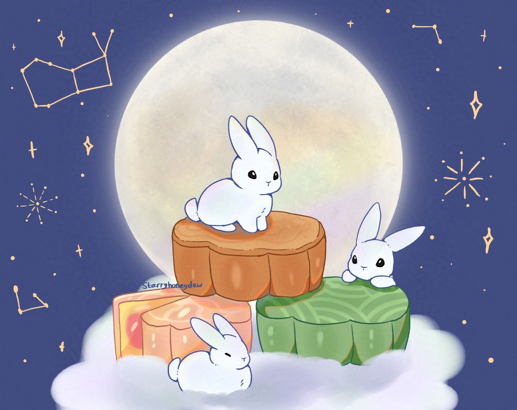 an illustration of three white bunnys around three different mooncakes on a cloud, one bunny is sitting on top of a mooncake, once is peaking over a mooncake and one is sleeping in a loaf postion in front of the mooncakes. there is moon behind them with stars around it and the rabbit/hare constellation Lepus in the upper left corner