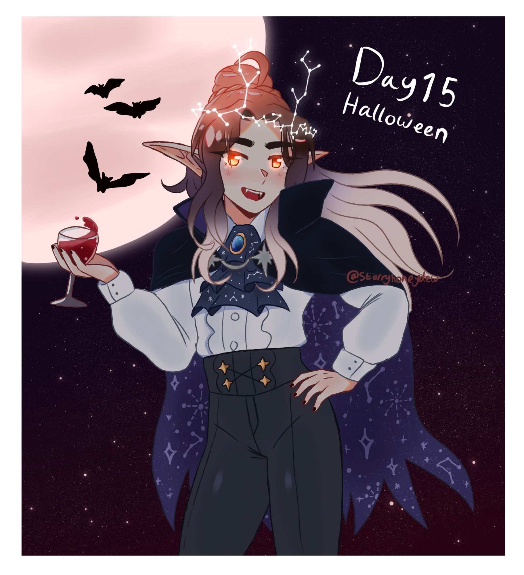 an illustration of Honey's elf sona/oc. he is wearing his halloween outfit which is a vampire outfit. he is holding a glass of red wine in one hand and his other hand is on his hip. there is a full moon behind him with a few silhouettes of some bats.