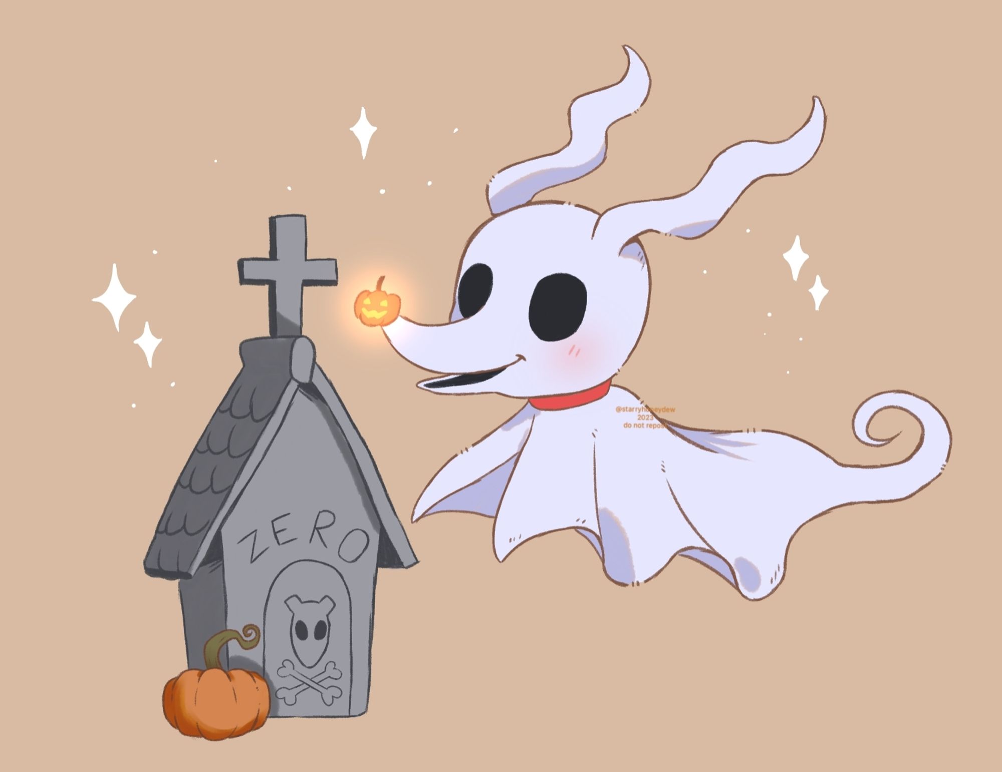 a chibi illustration of Zero from the movie the nightmare before christmas. he is floating next to his gravestone which has a small pumpkin next to it