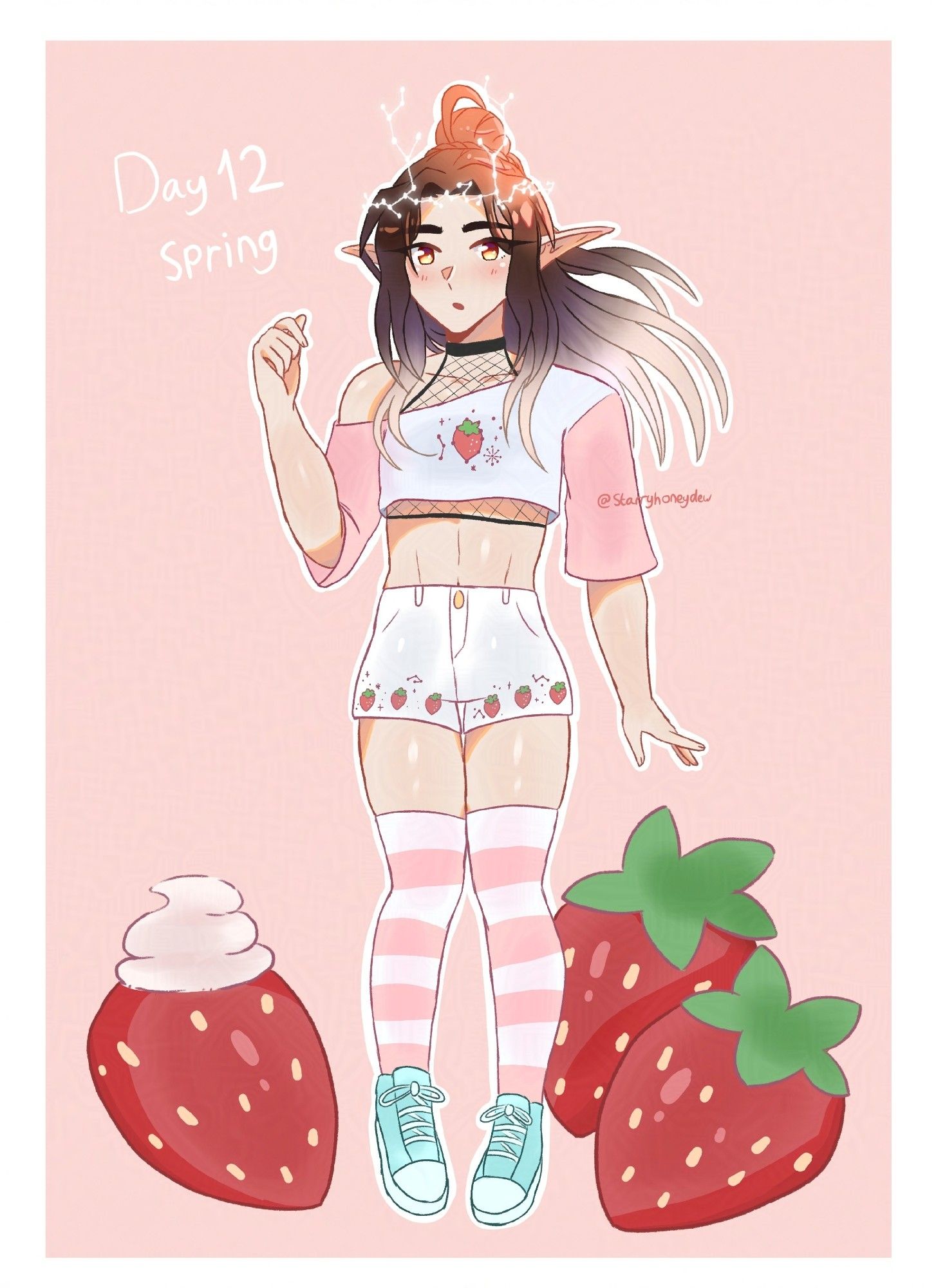 an illustration of Honey's elf sona/oc. he's wearing a pink and white strawberry themed outfit with some subtle cosmic designs. there are three big strawberries around him and one has some whipped cream on it