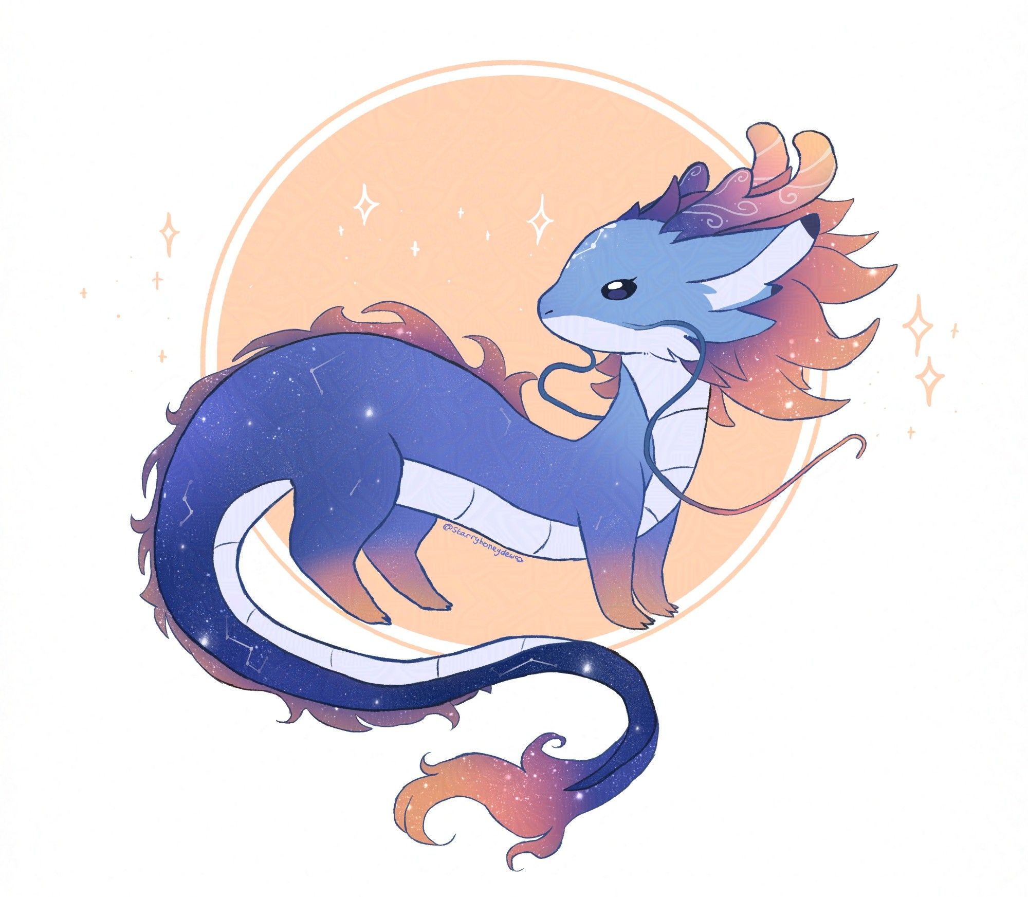 a chibi illustration of Honey's celestial dragon oc that i don't have a name for yet. they have sunset colours on their fur as well as stars and constellations, they also have a constellation pattern on their forehead