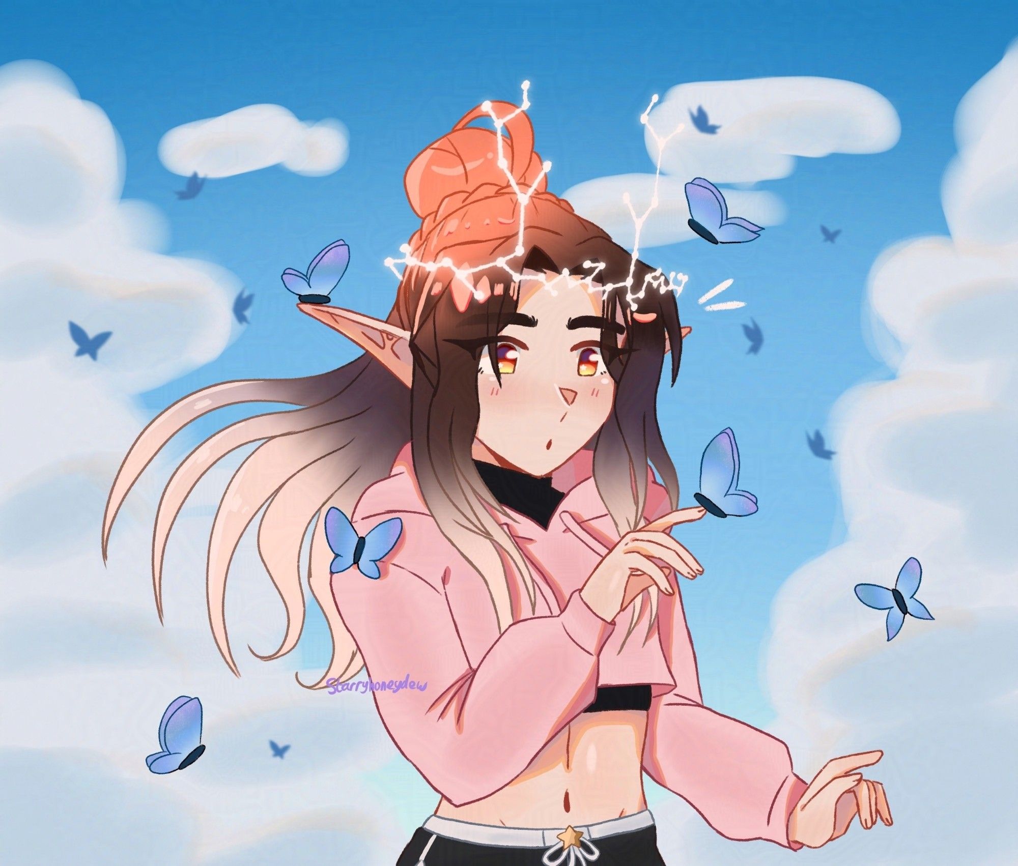 an illustration of Honey's elf sona/oc. he is looking surprised as a little butterfly is landing on his hand. there is another butterfly that has landed on his shoulder and on one of his ears too as many other butterflies are flying around him