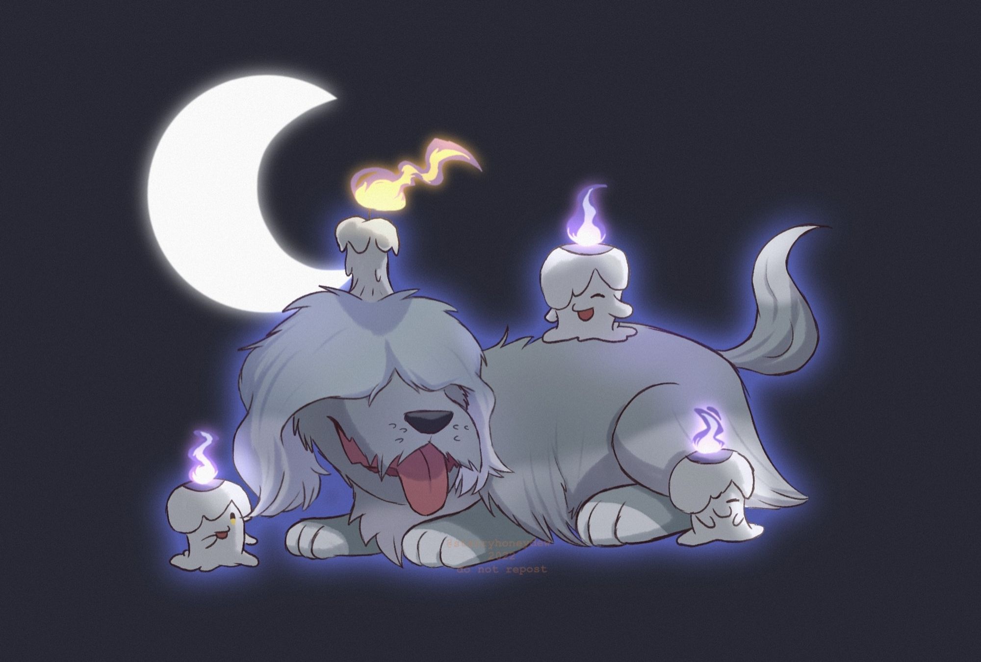 an illustration of the pokemon Greavard and 3 Litwicks. Greavard is laying down as one Litwick sits on there back, one sleeps against their side and one is looking at them curiously