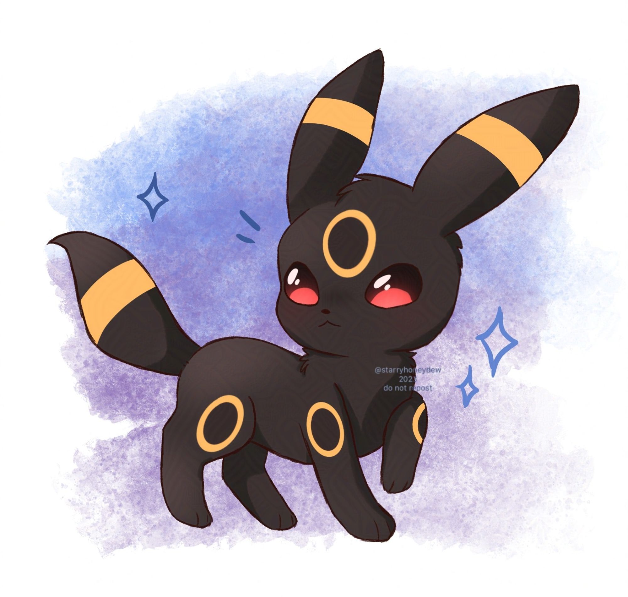 a chibi illustration of the pokemon Umbreon, they seem to be alerted to something and are turning to face it.