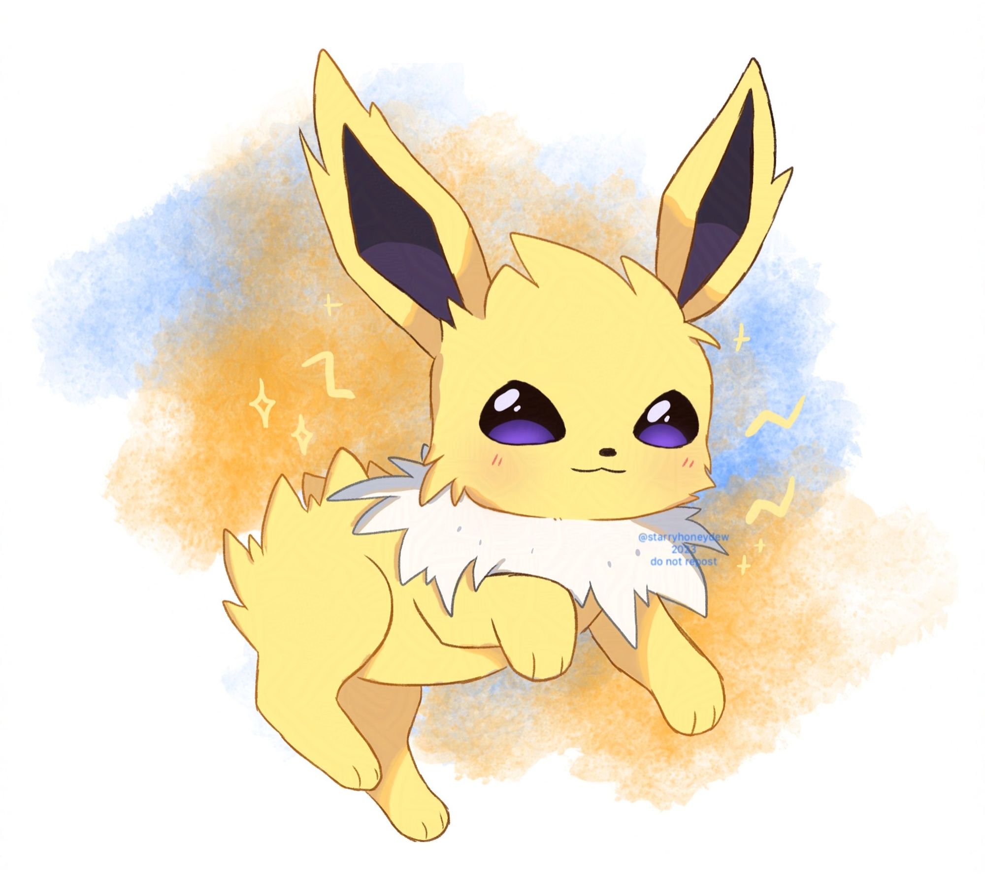 a chibi illustration of the pokemon Jolteon. they are leaping up and have a small smile