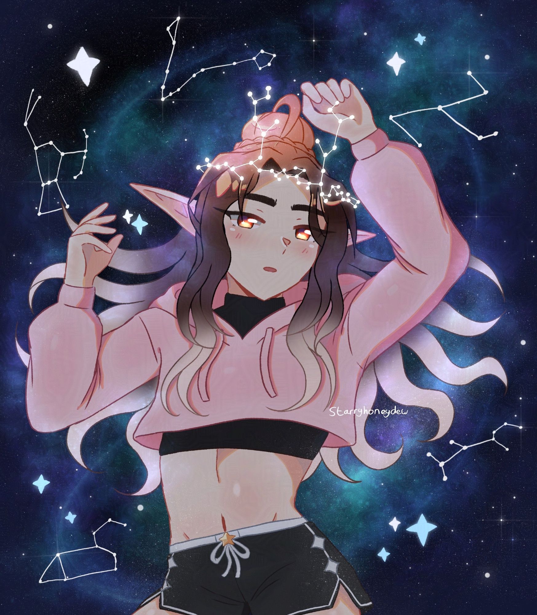 an illustration of Honey's elf sona/oc. his eyes have a slight glow and he is laying amongst stars and a galaxy, there are also 5 constellations around him which are Leo, Orion, Pisces, Monoceros and Felis