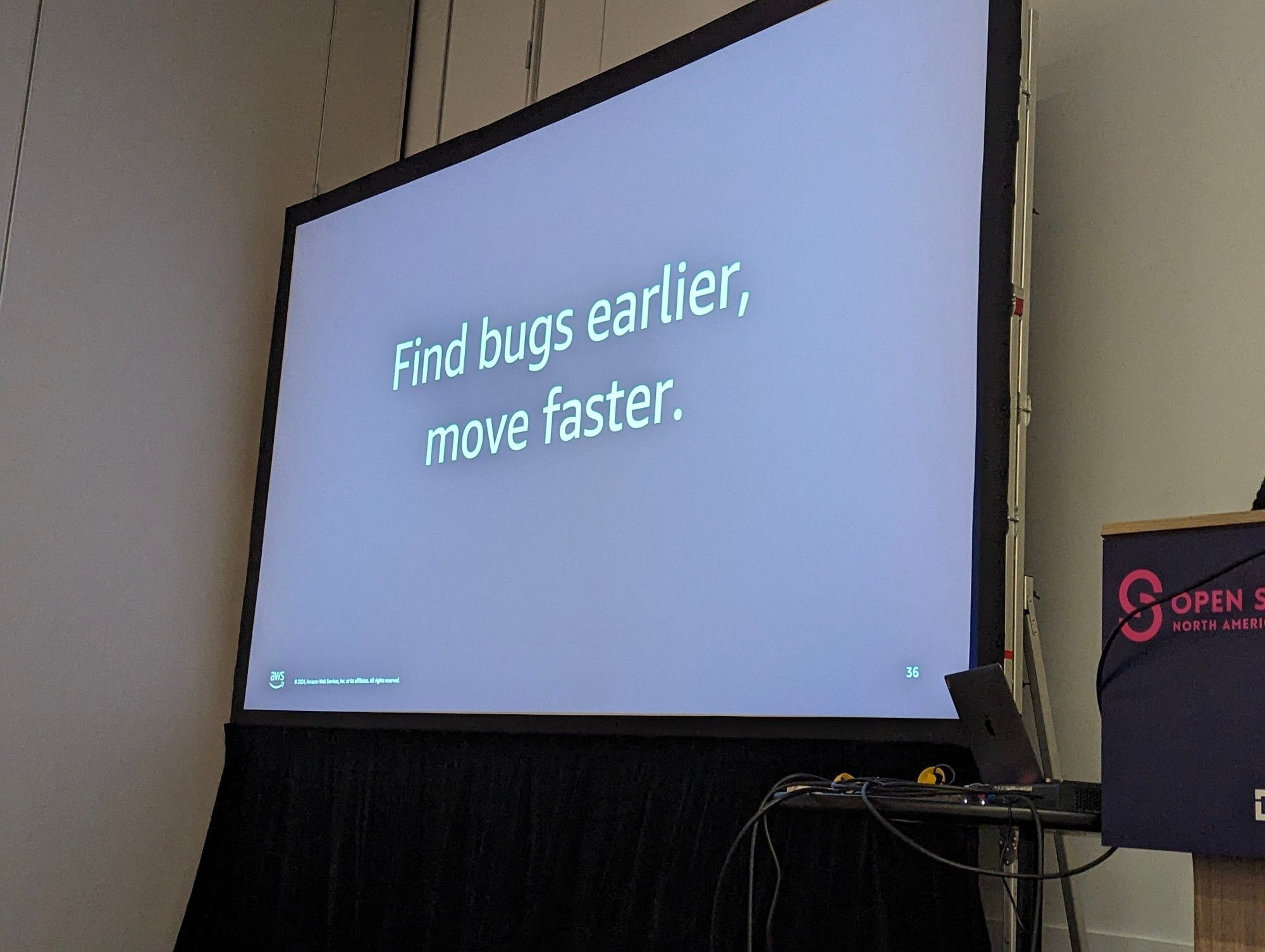 Slide that reads "find bugs earlier, move faster"