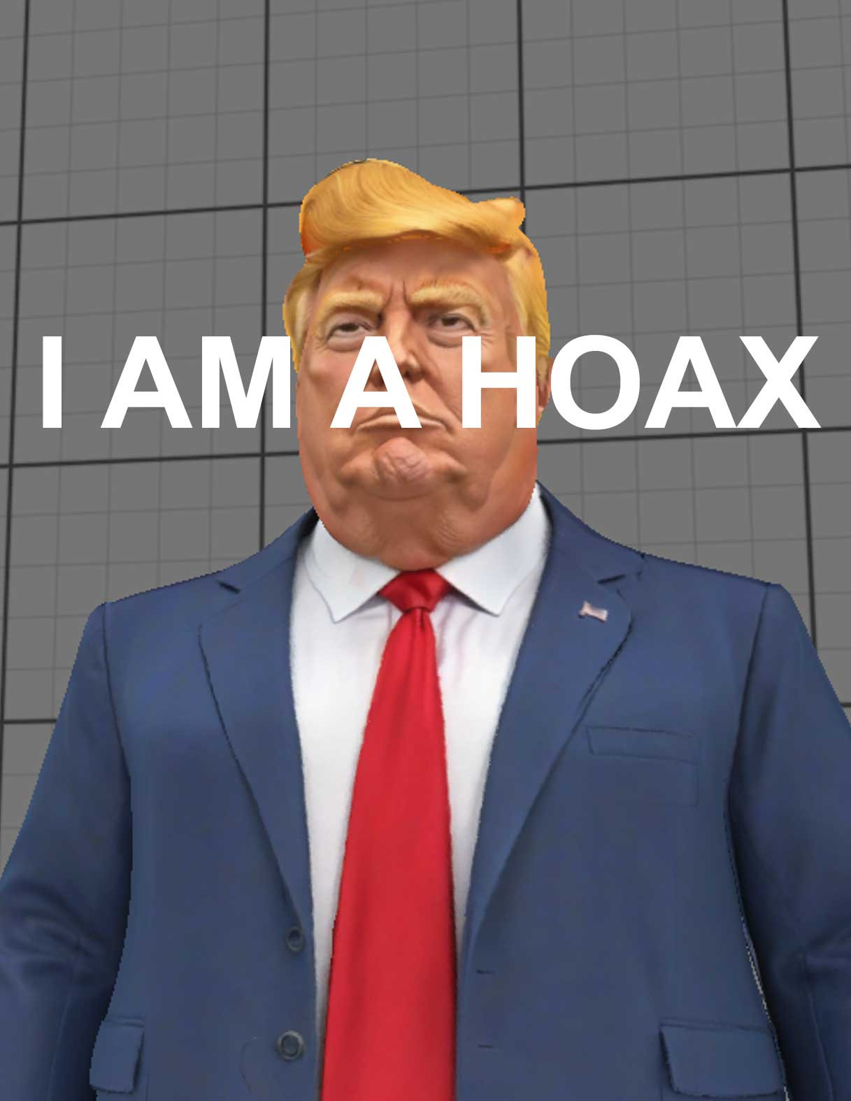 3d Trump figure generated by ai Meshy.  Label I am a hoax