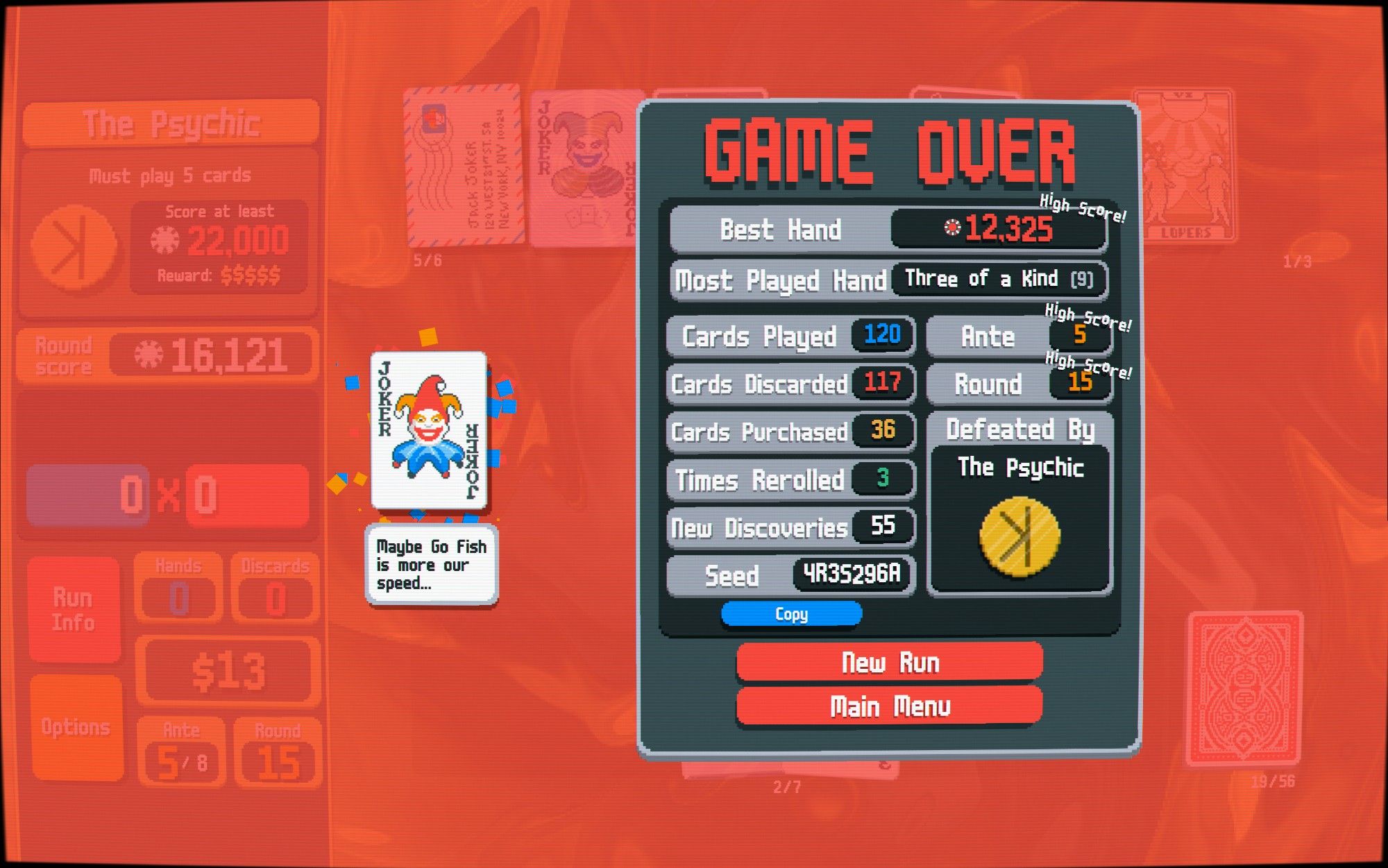 A screenshot Balatro's Game Over screen.