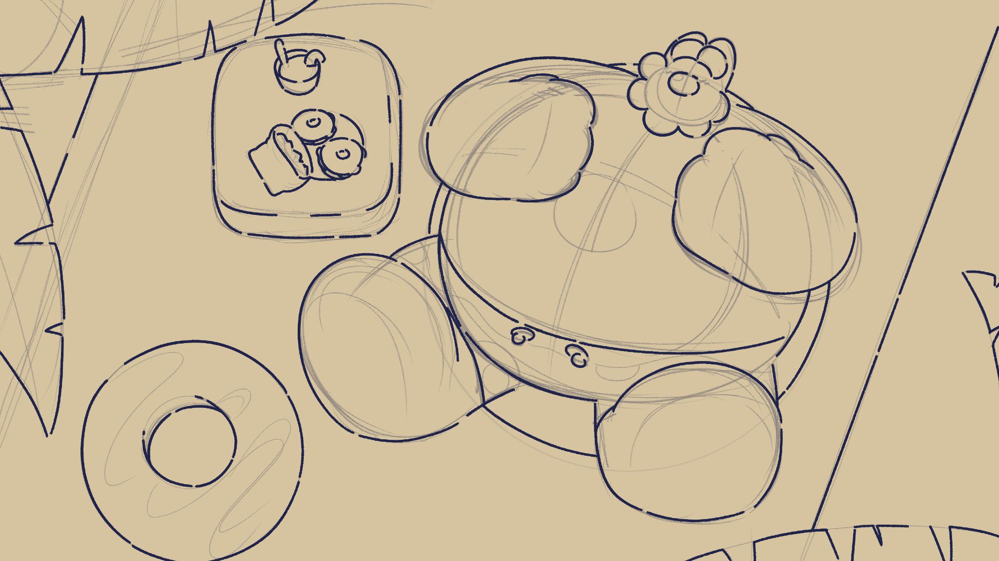 A sketch of a big round guy floating on water with some snacks next to him