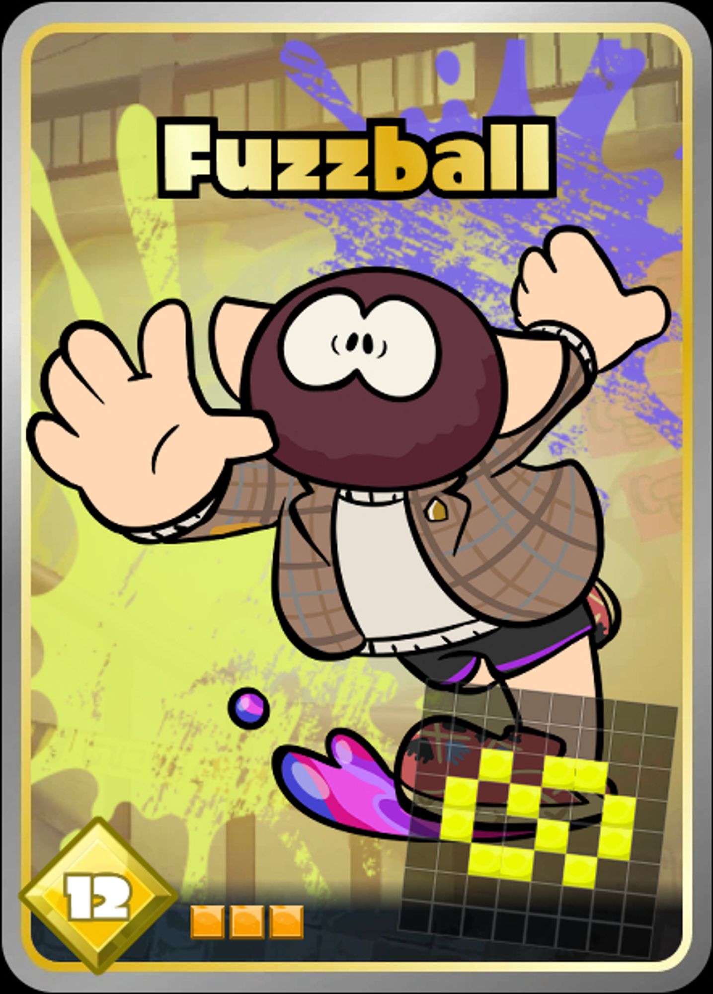 A custom tableturf card of an inkling with it's head covered in fuzz, tripping over some ink