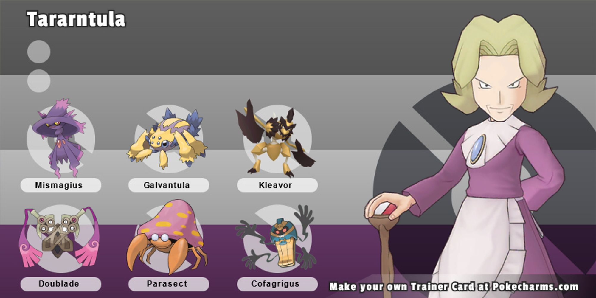 A pokemon trainer card with Mismagius, Galvantula, Kleavor, Doublade, Parasect, and Cofagrigus.