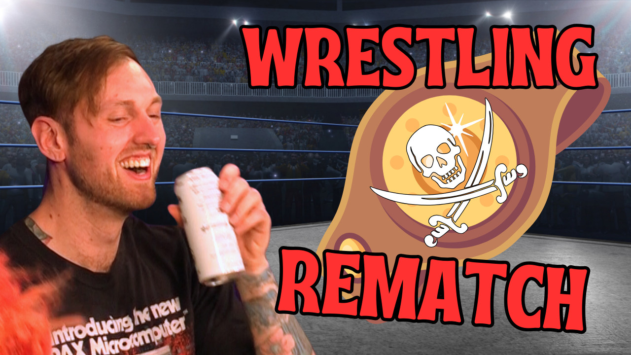 A promotional thumbnail for the latest episode of Mage Of Sail. The words "Wrestling Rematch" are emblazoned across a wrestling championship belt with a Jolly Roger logo across it. Dabe Alan is laughing and drinking some kind of beverage.