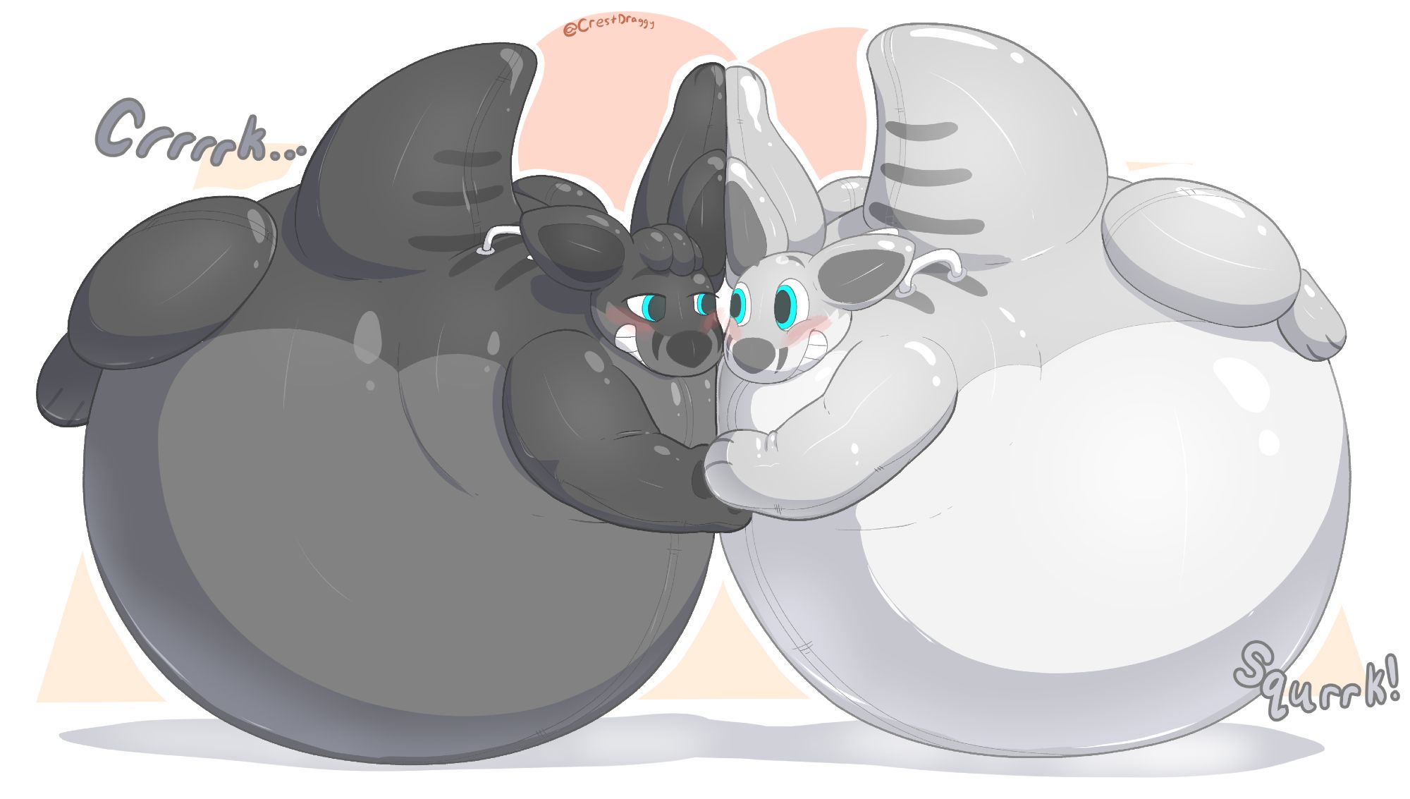 Two inflatable pool-toy Kangaroo's, one dark grey, one light grey, holding hands as they both rest across from each other on top of their over-inflated bellies