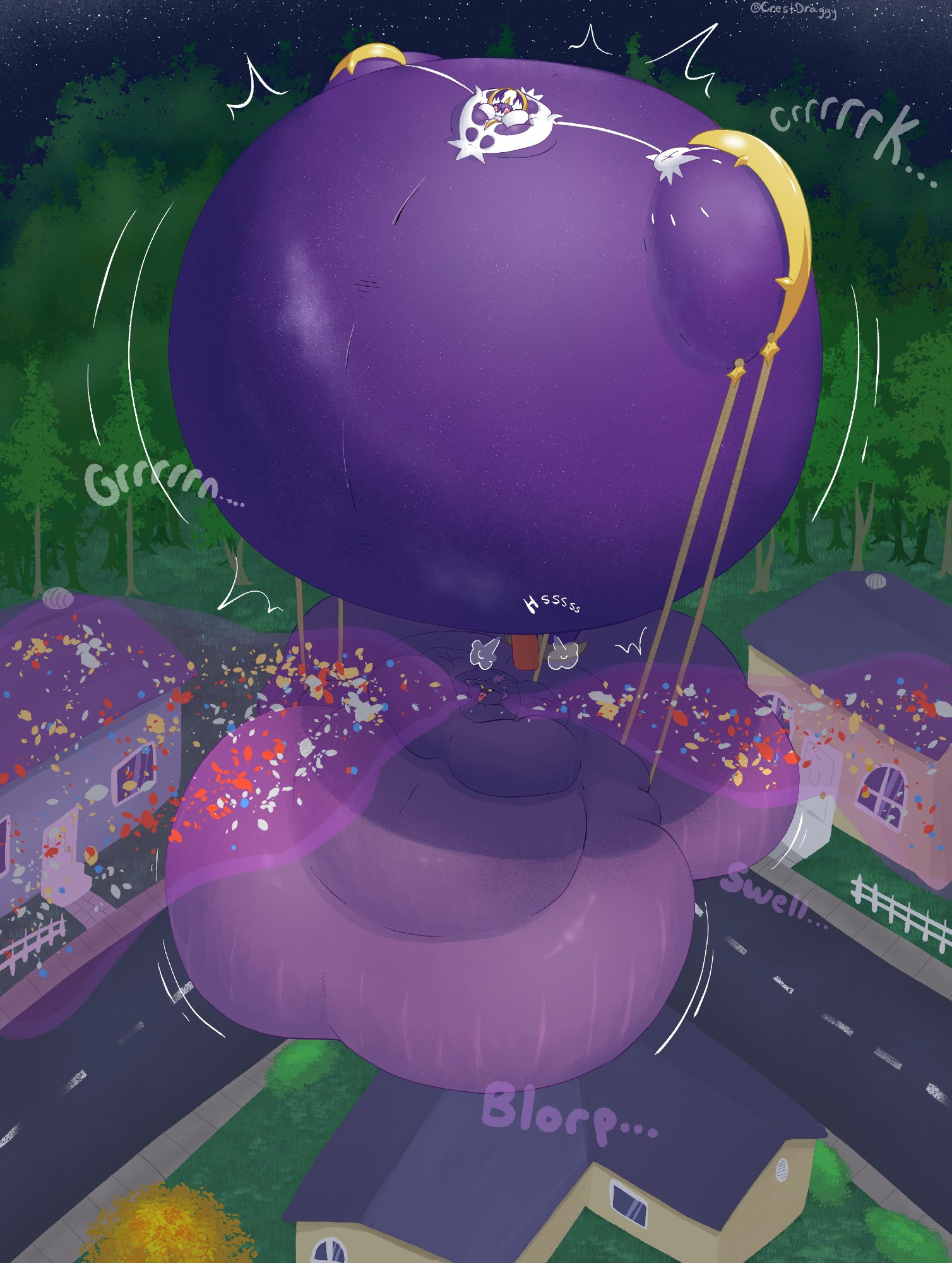 A huge helium filled Lunala carrying a blobby Mismagius. The Mismagius is levitating loads of candy into its mouth, as the Lunala's belly looks ready to give at any second.