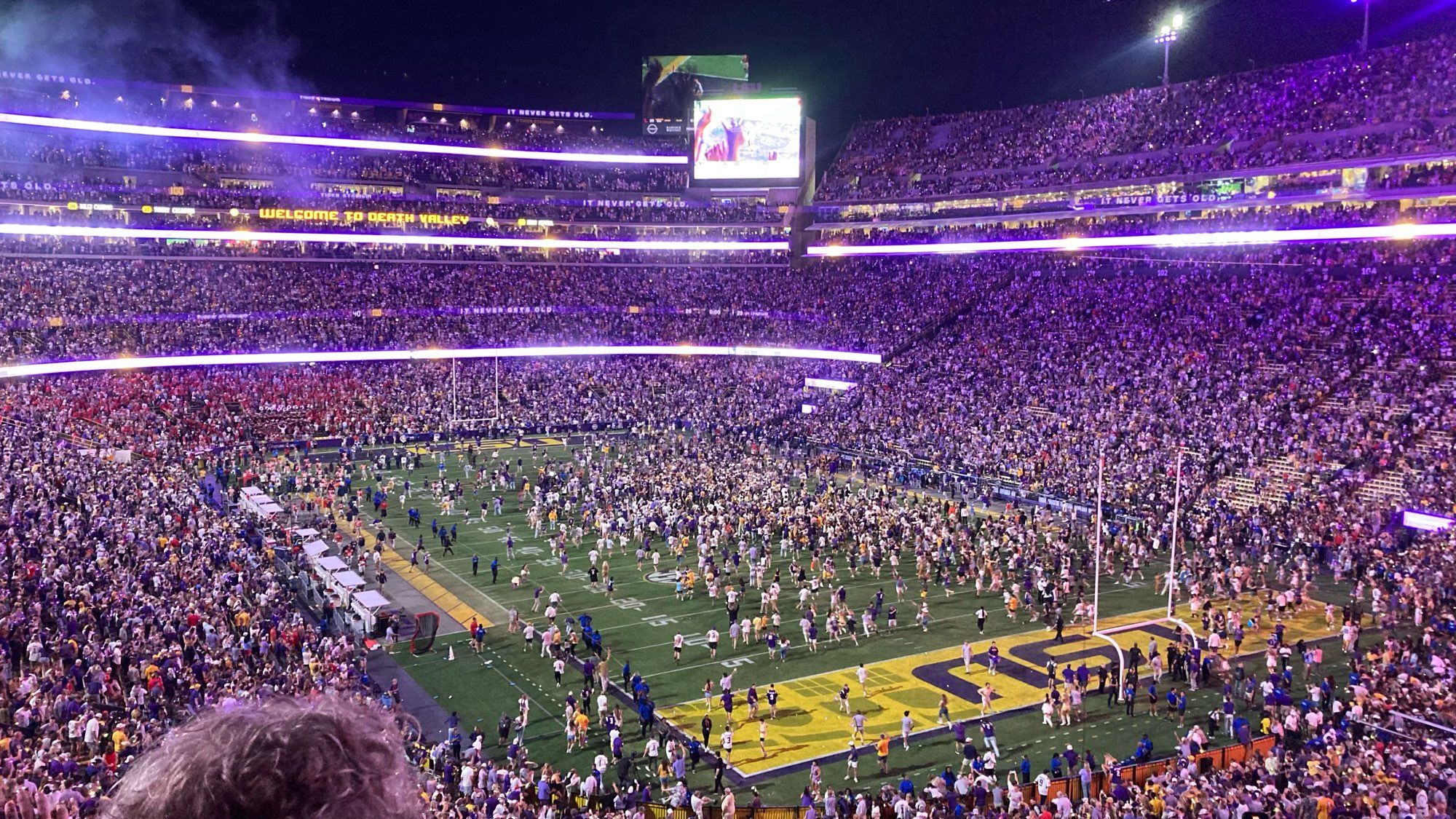 A jubilant Tiger Stadium with the crowd on the field