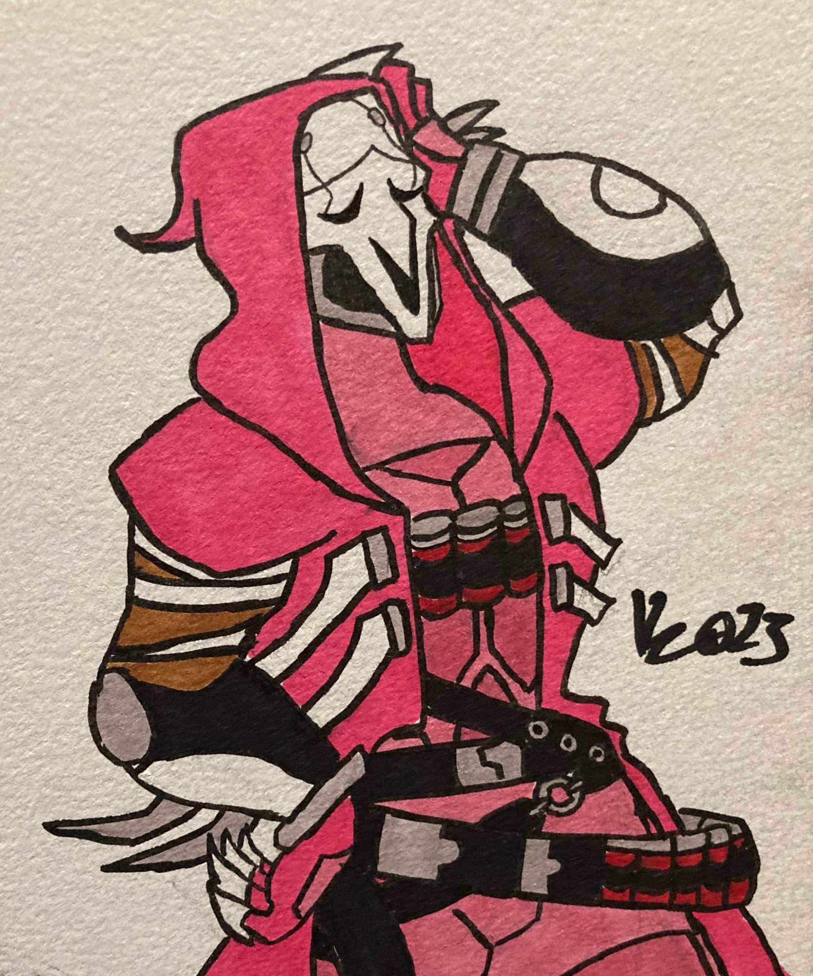 Reaper posing in a pink suit that looks like his Overwatch default skin