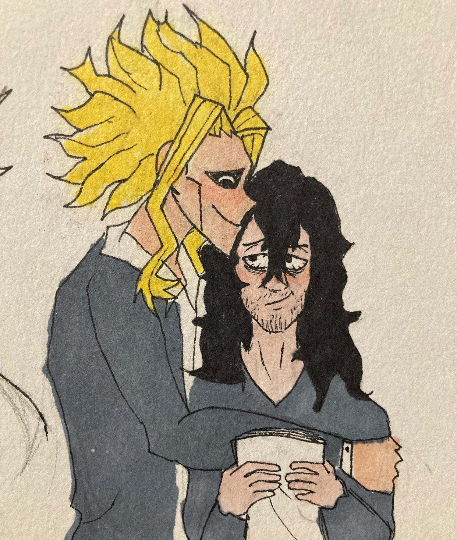 All Might above Eraserhead softly giving him a kiss on the forehead while Aizawa grades papers.