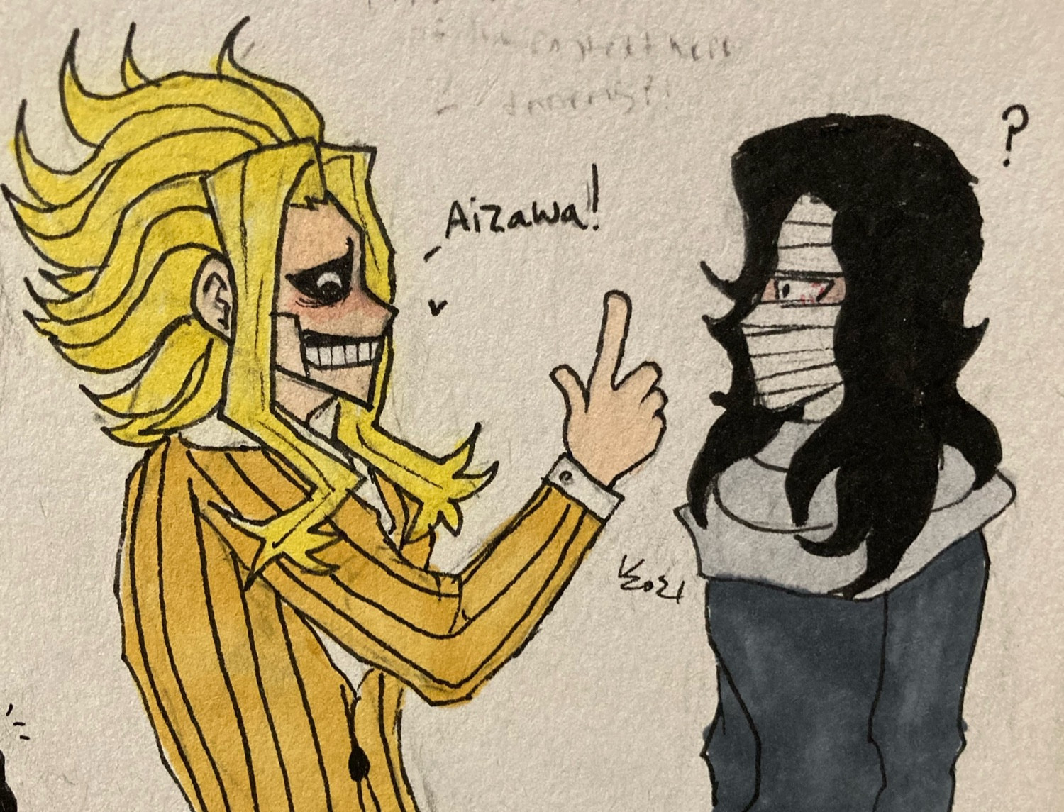 All Might greeting Aizawa once he came back from the hospital. 