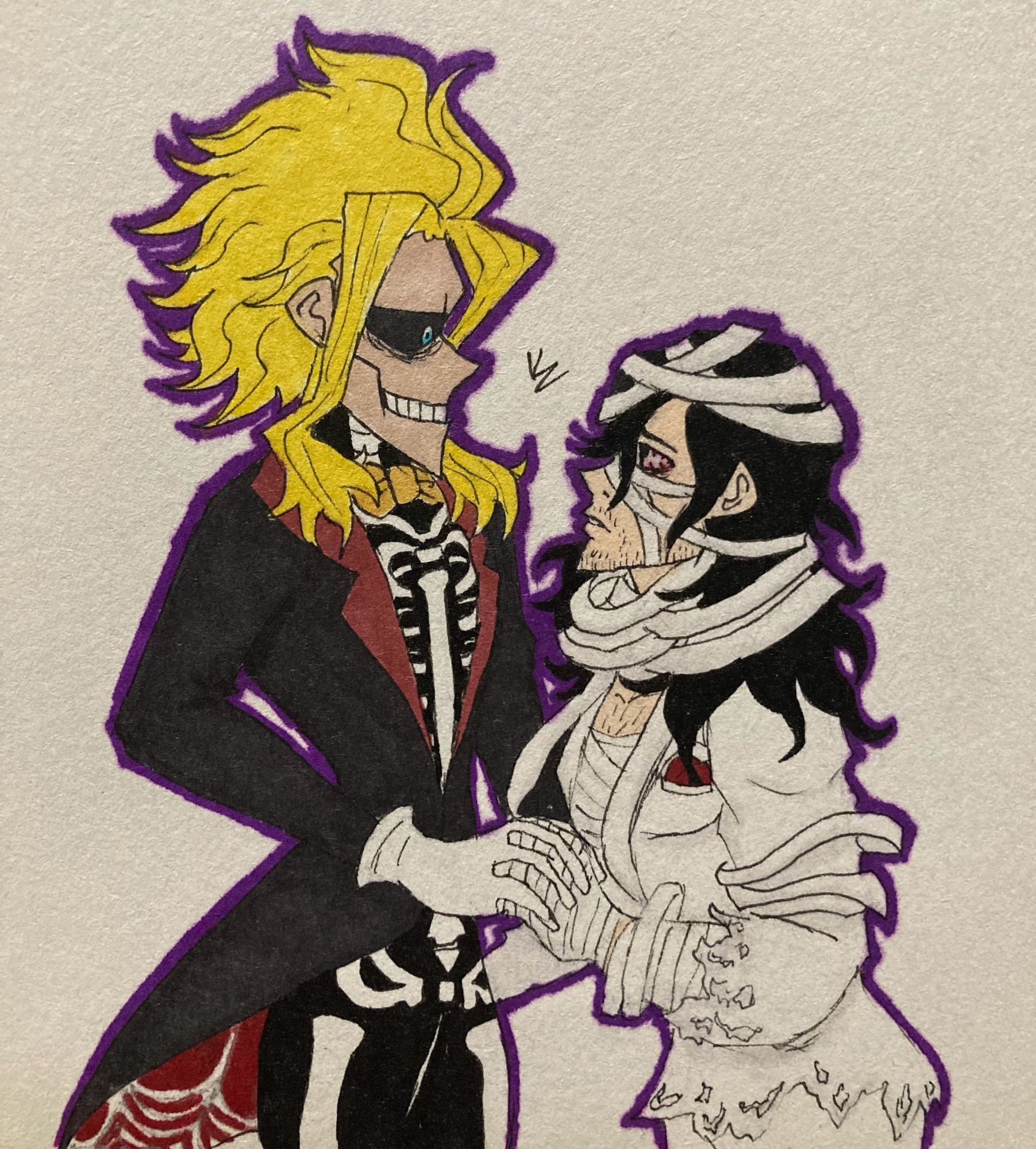 Toshinori Yagi/All Might (dressed in a Halloween costume like a skeleton) holding hands with Shota Aizawa/Eraserhead from My Hero Academia 