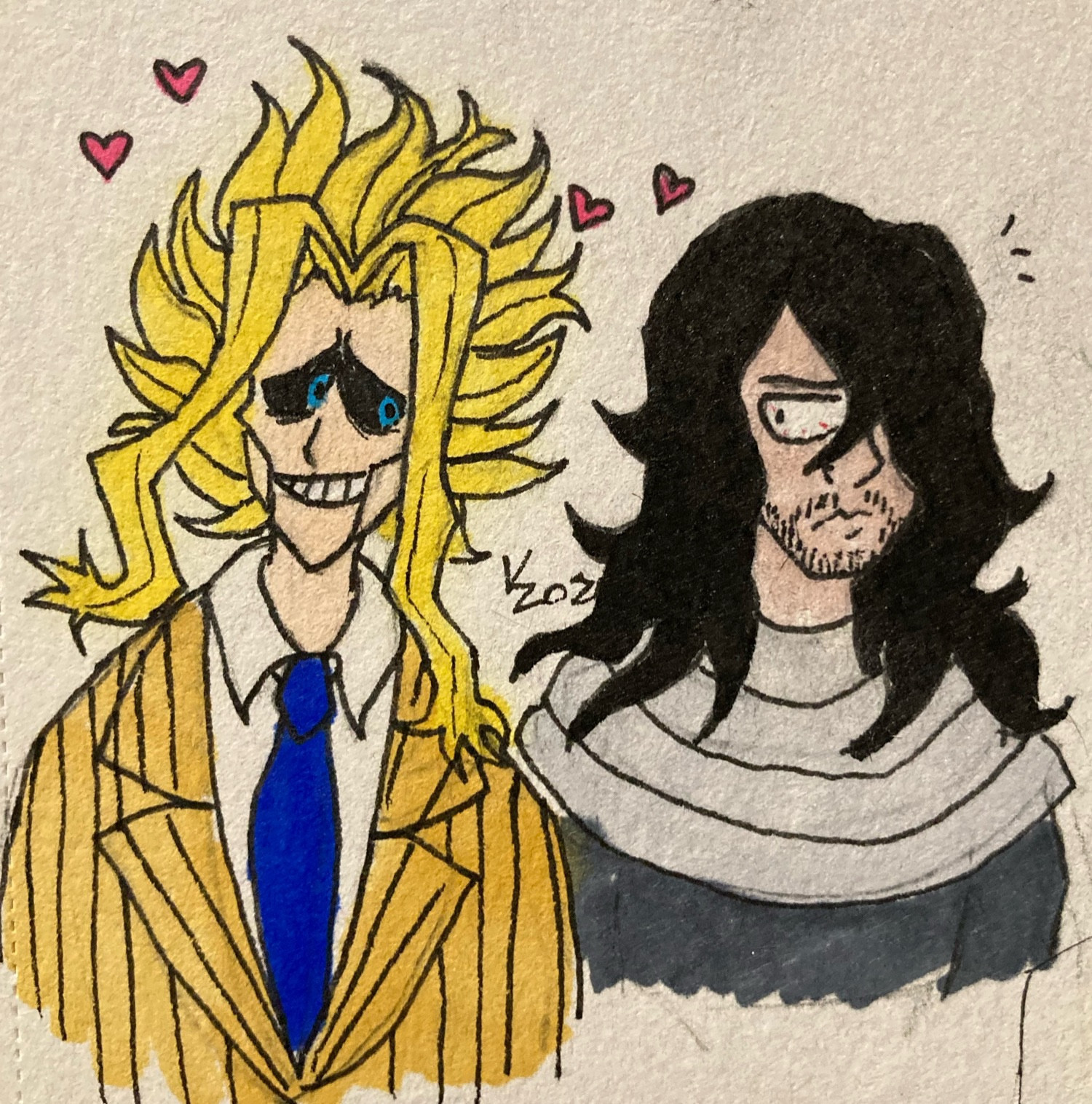 All Might staring at Eraserhead with love and affection and Aizawa is oblivious and confused as to why he’s staring at him with a huge smile on his face. (I messed up their height difference here this was my very first art of them oops)