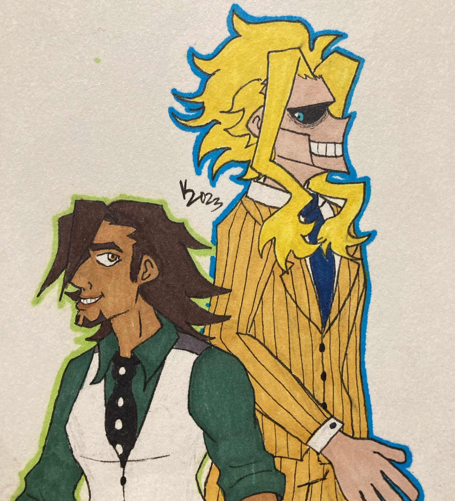 Kotetsu T. Kaburagi (Tiger & Bunny) standing back-to-back wit Toshinori Yagi (My Hero Academia) 