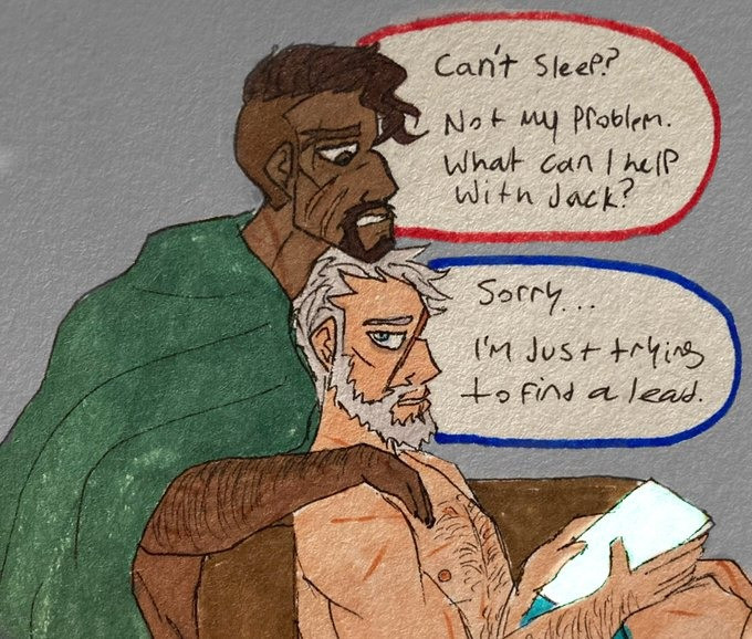 Gabriel Reyes with a blanket draped over his back, leaning behind the couch, his hand resting on Jack's shoulder. He asks "Can't sleep?" Jack responds "Sorry... I'm just trying to find a lead." Gabriel replies "Not my problem. What can I help with, Jack?"