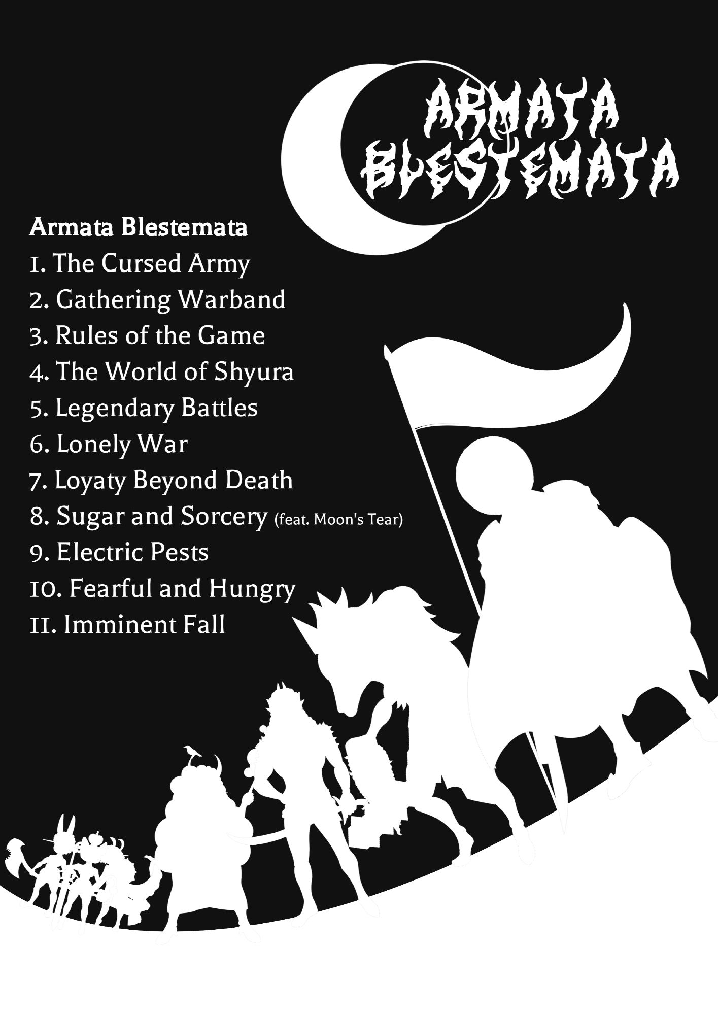 "Poster" do meu jogo Armata Blestemata com as silhuetas dos personagens, uma tracklist falsa e o logo no topo