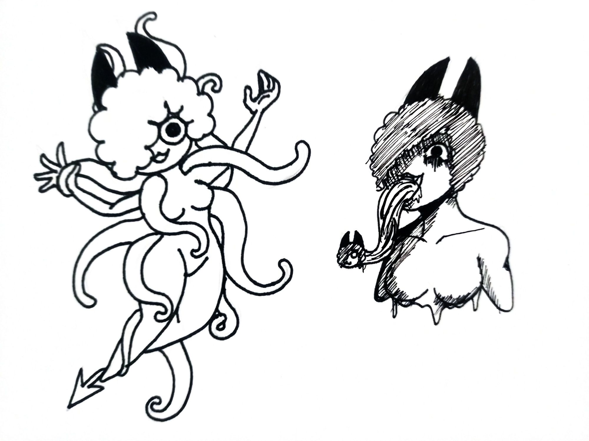 Uma diabinha desenhada no estilo de Junko Mizuno com tentáculos saindo das costas e a mesma personagem desenhada no estilo de Junji Ito com a língua gigante de fora da boca e o próprio rosto menor na ponta da língua