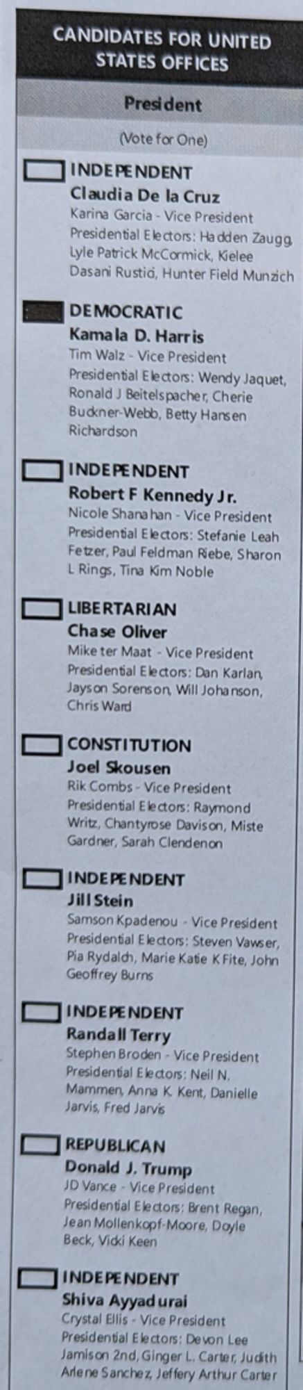 Photo of the "Candidates for United States Offices: President" absentee ballot with 9 candidates. The box for the Democratic candidate, Kamala Harris, is filled in.