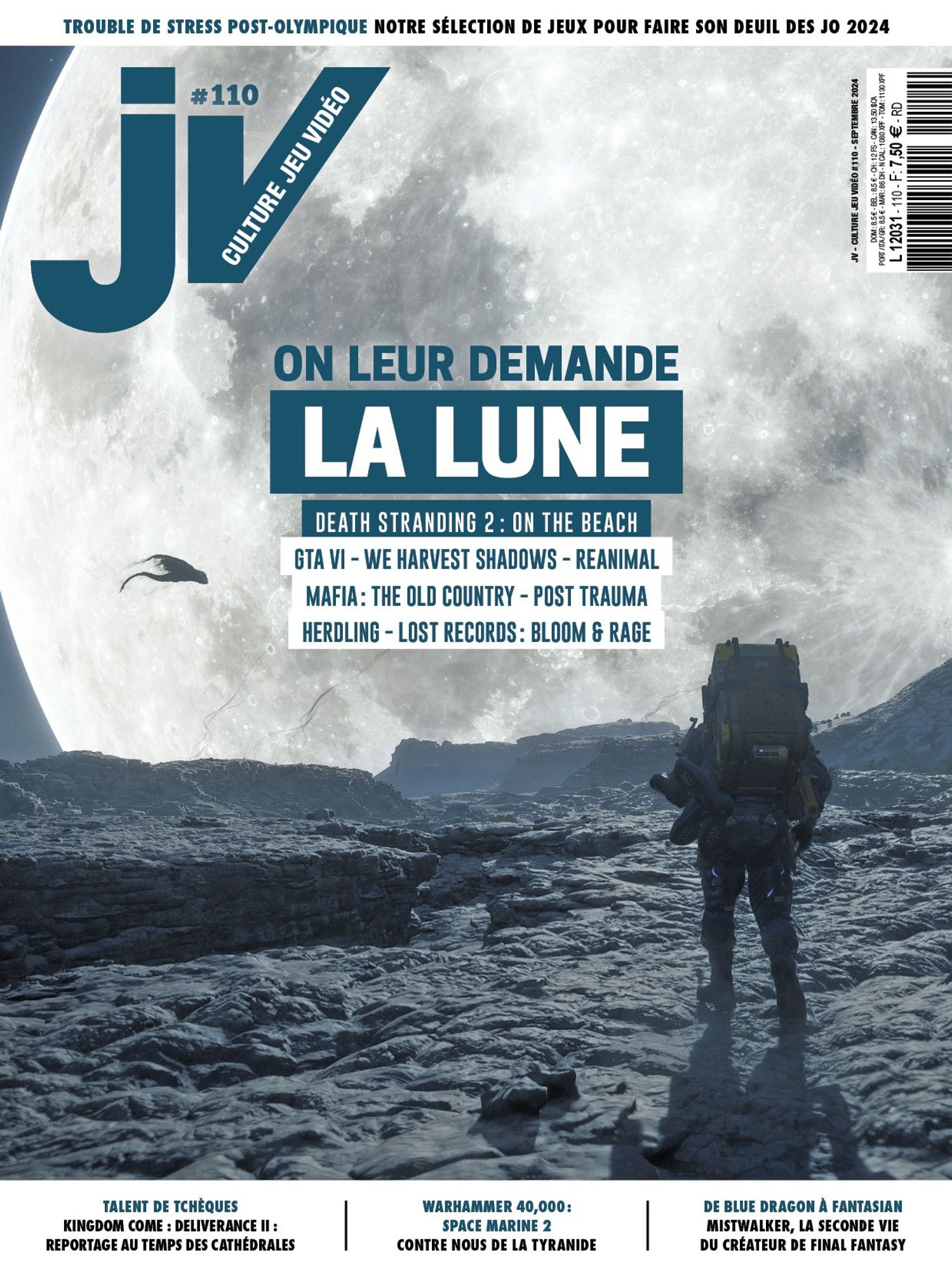 Couverture du n°110 de JV avec un visuel du jeu Death Stranding 2 représentant le protagoniste de dos devant une gigantesque lune, avec l'accroche : "on leur demande la lune"