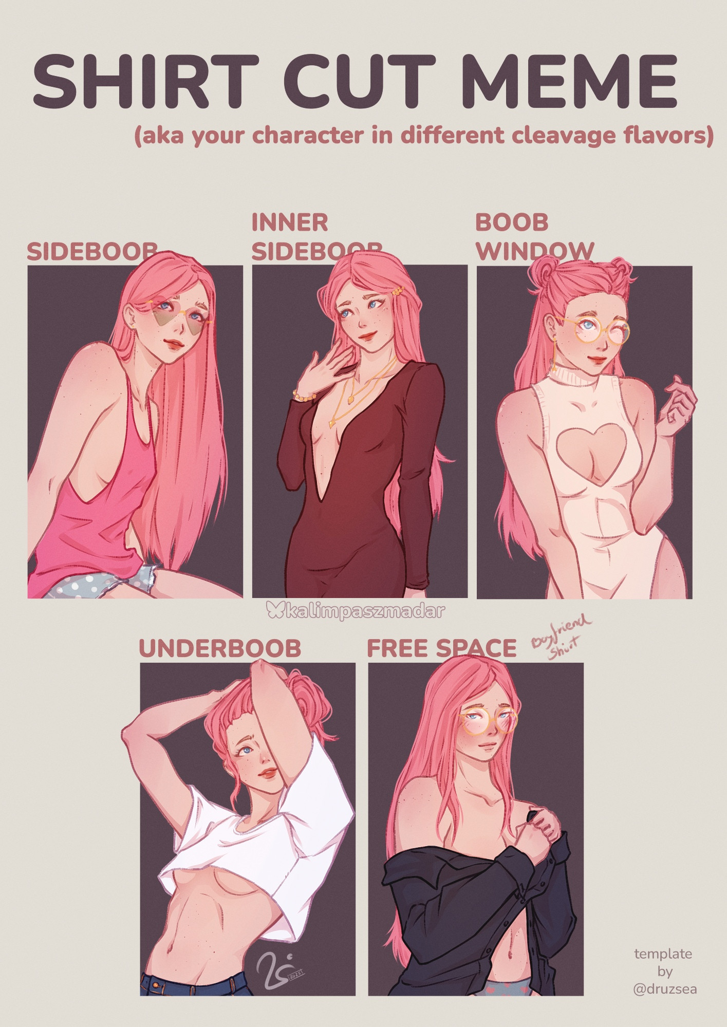 Shirt cut meme (aka your character in different cleavage flavors) original template by druzsa

First panel: Sideboob; drawing of Karin looking up from the side in a loose pink tank-top and light blue dotted shorts. She has some heart sunglasses on and her long hair is swept to the side.

Second panel: Inner Sideboob; Karin standing with on hand to her face, hair in a half-up style and wearing a burgundy long sleeve dress that has a cleavage going down to the middle of her stomach. What keeps the clothes in place is the sheer will of her brothers.

Third panel: Boob Window; Rocking the heart boob-window dress, deliberately leaning forward and pushing her chest out with a little wink, one hand holding up the little heart sing.

Fourth Panel: Underboob; Pulling her hair up into a bun, both hands above her head and cropped t-shirt pulling up showing off the underside of her breasts.

Fifth panel: Free space (the boyfriend shirt) Karin looking a little embarrassed and blushing. Her hair os down and she looks like she got jut out of bed. She is only wearing panties and a dark shirt that is definitely a man's, holding it up as to not to flash anyone.

Aiji: Hey...isn't that Ryou's?
Karin: >////>  
