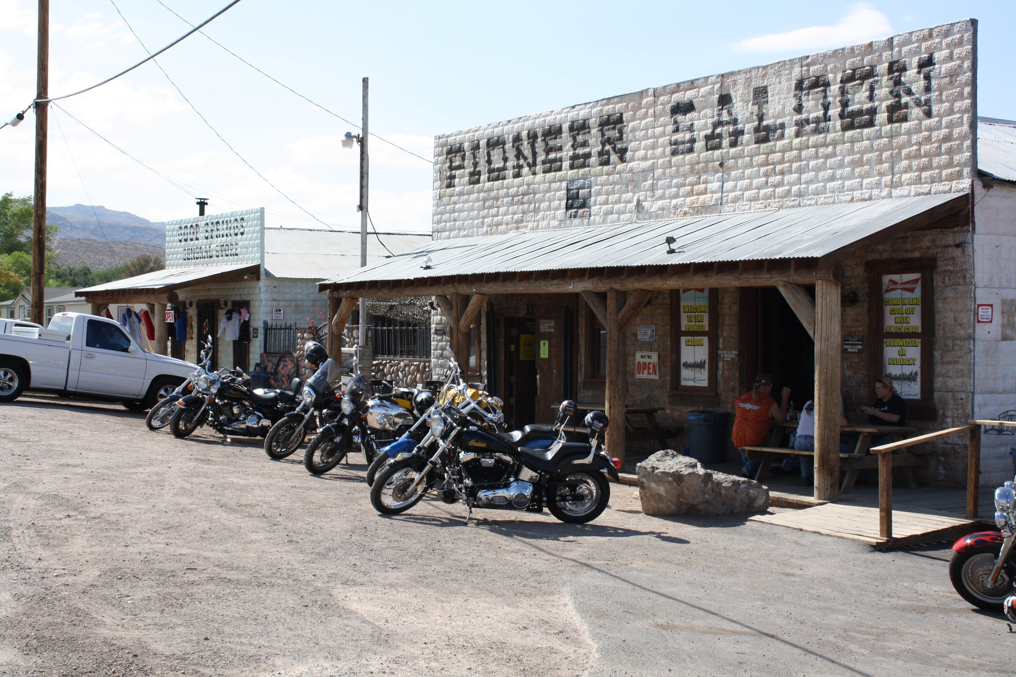 Photo of the Goodsprings general store and Pioneer Saloon with motorcycles out front.