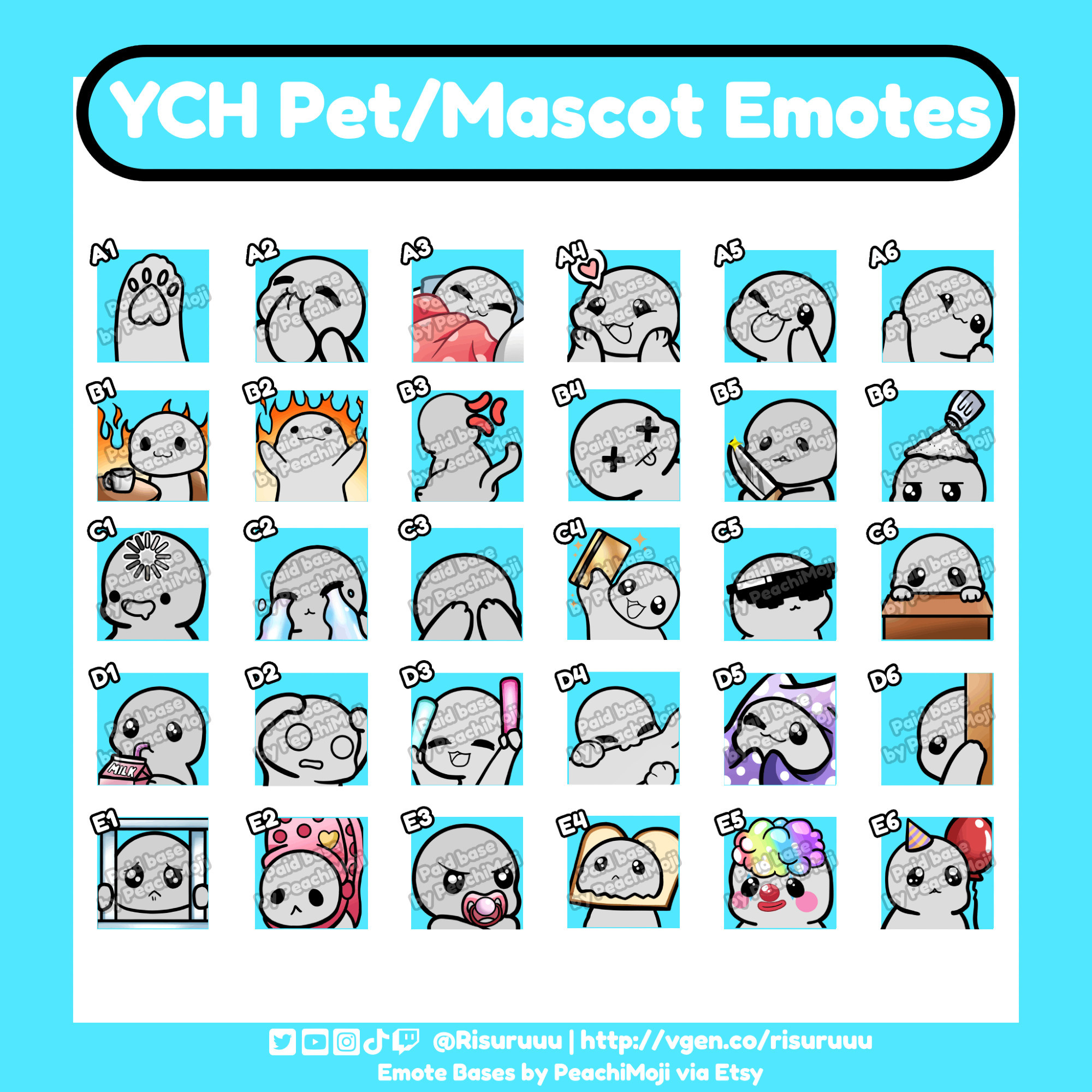 Image of 30 pet/mascot emote bases to select from for use on Twitch and/or Discord