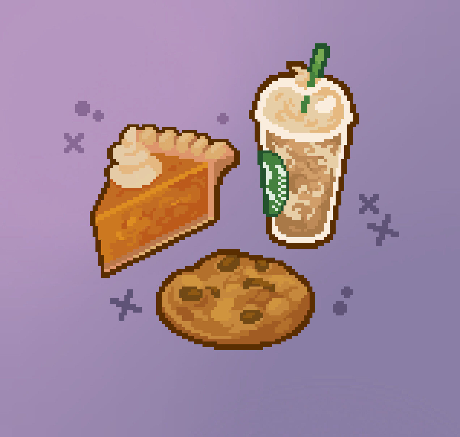 A slice of pumpkin pie, a mock Starbucks frappe, and a chocolate chip cookie made in a cute pixel art style on a pastel purple and pink background.

pixelart #digitalart #artistsupport #art #pixquare #procreate