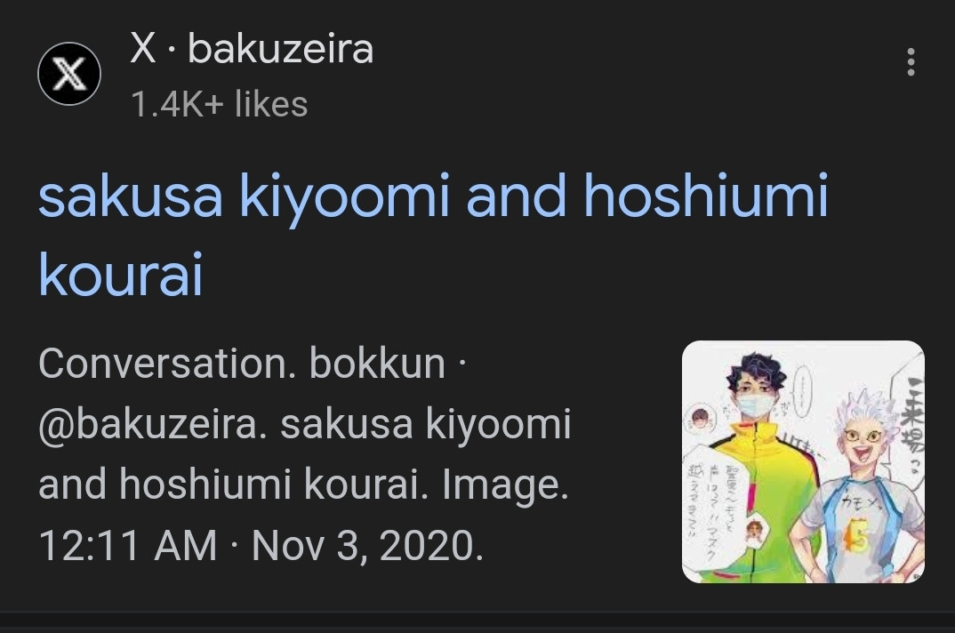 screenshot of a tweet from bakuzeira with the coloring of a special sakusa kiyoomi and hoshiumi kourai art for haikyuu day