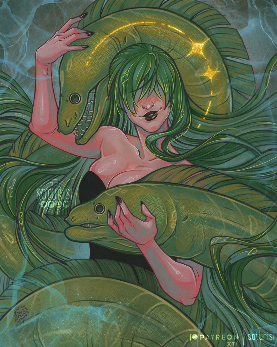 A green haired lady with two green moray eels