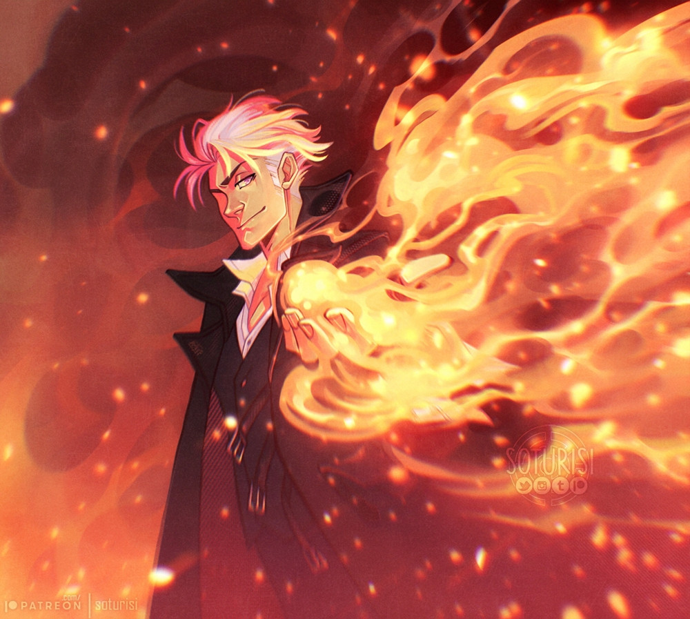 A white hair man holding a fireball