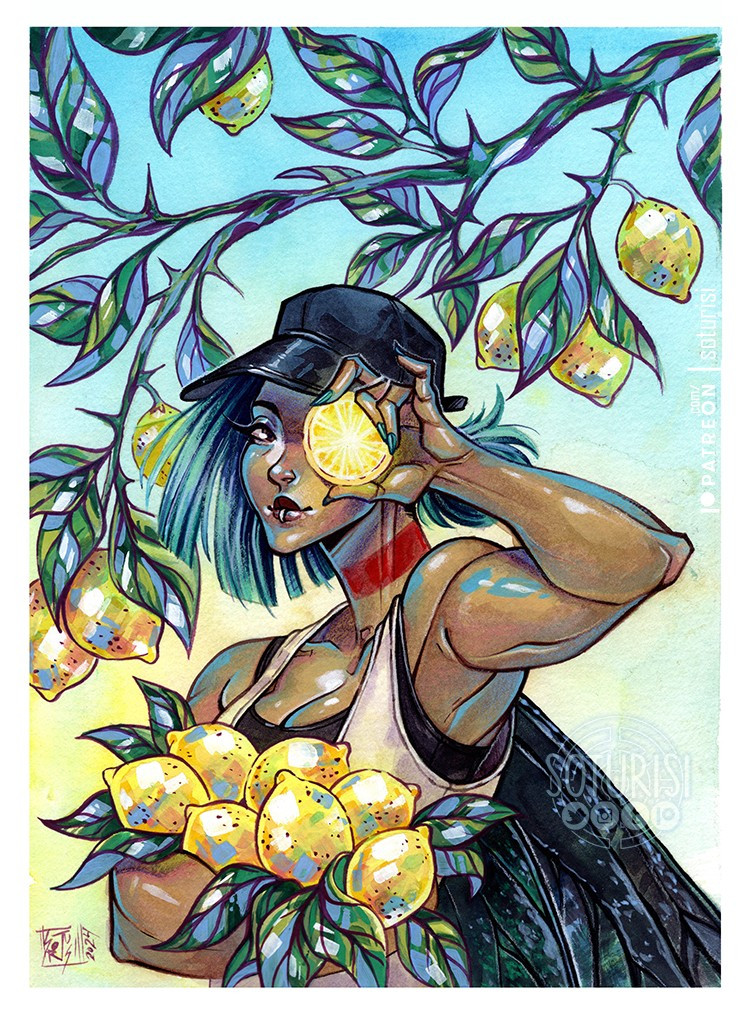 A girl holding a bunch of lemons and covering one of her eyes with a lemon slice