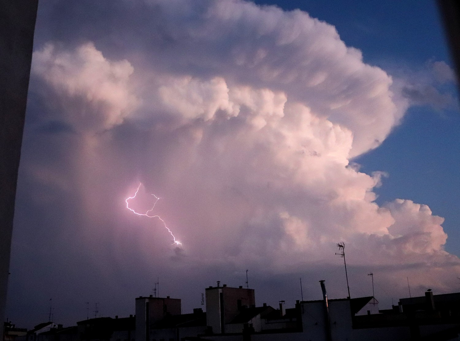 A pinkish lightingbolt striking inside a cloud