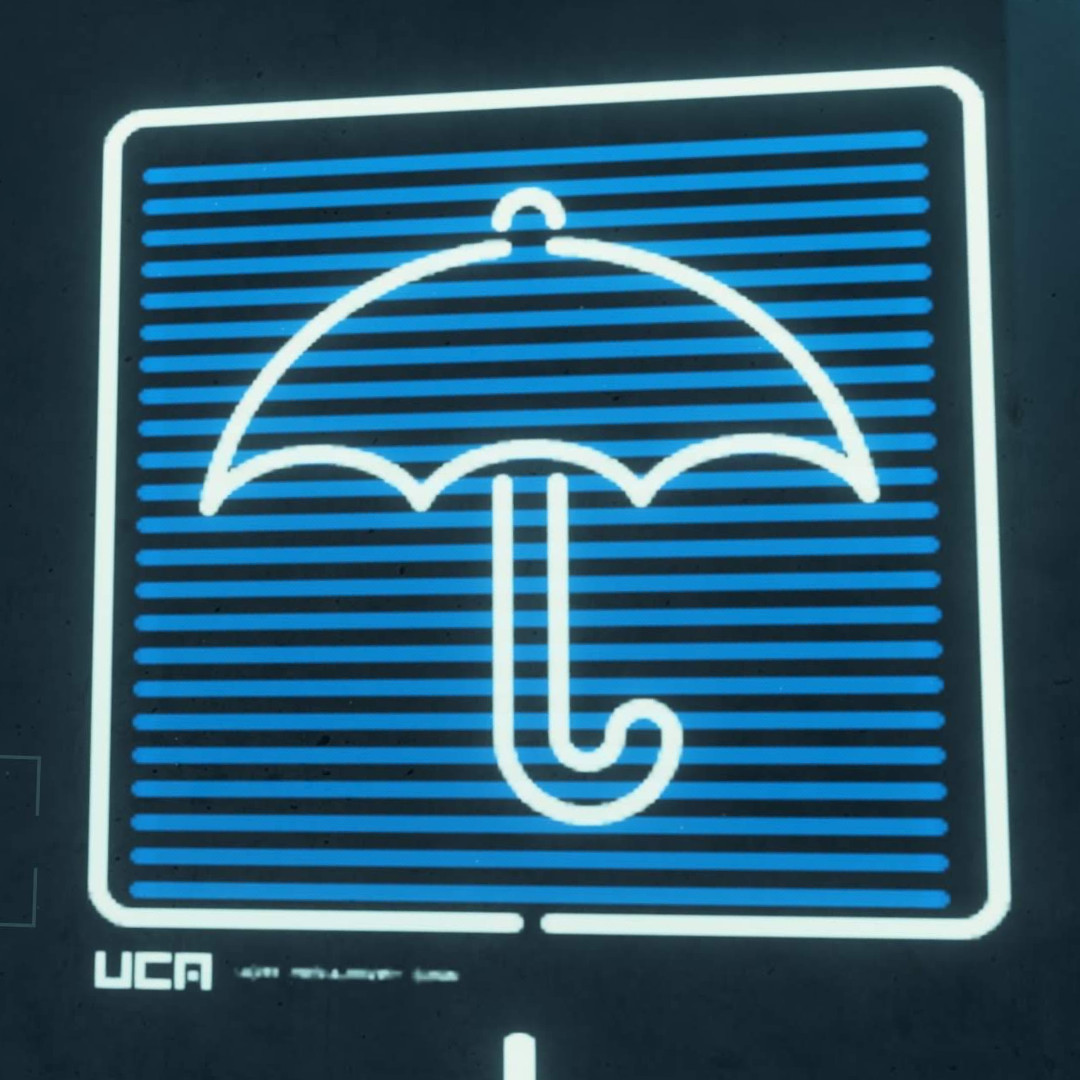 a sign with an umbrella