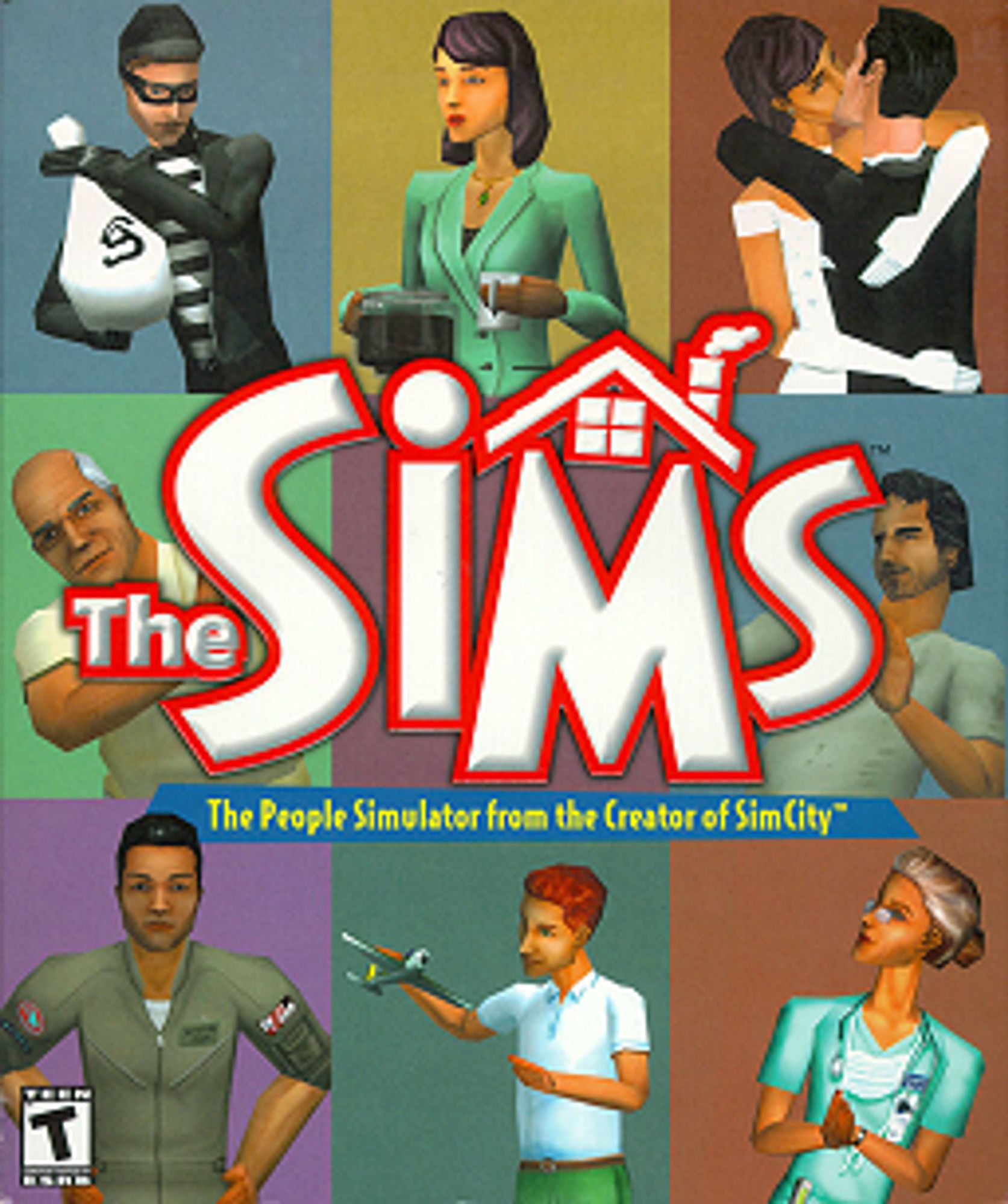 Pochette du jeu vidéo "Les Sims". On y voir 9 personnages incarnant différents stéréotypes (voleur, couple en train de s'embrasser, enfant, infirmière,...)