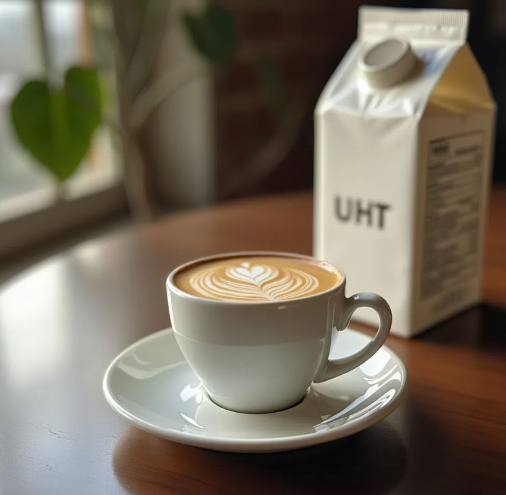 Eine Tasse Kaffe auf einem Tisch, im Hintergrund eine Milchtüte mit der Aufschrift "UHT"