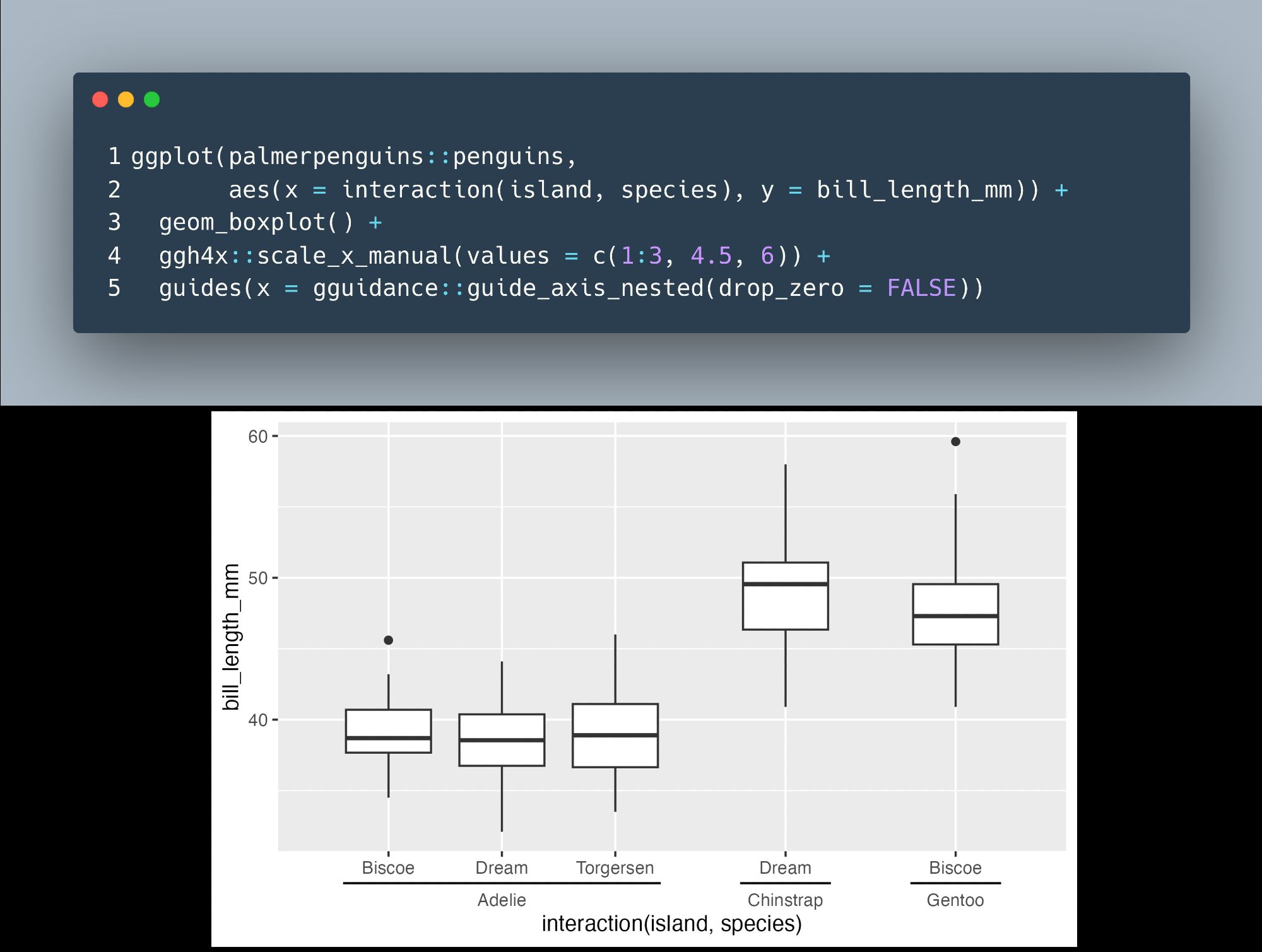 Code screenshot of 

```
ggplot(palmerpenguins::penguins, 
       aes(x = interaction(island, species), y = bill_length_mm)) +
  geom_boxplot() + 
  ggh4x::scale_x_manual(values = c(1:3, 4.5, 6)) +
  guides(x = gguidance::guide_axis_nested(drop_zero = FALSE))
```

plus the outcome where the x-axis is grouped by species