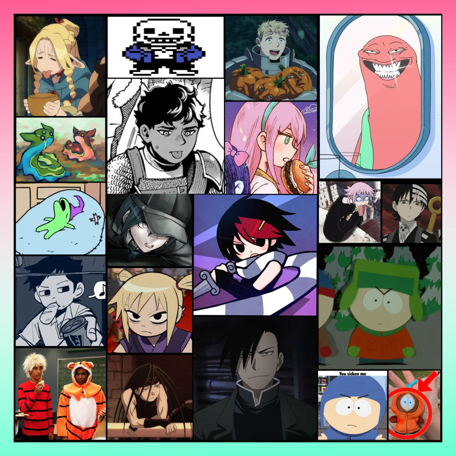 My favorite characters from some different media I enjoy.
Marcille- Dungeon Meshi
Sans- Undertale
Laios- Dungeon Meshi
Alan Red- Smiling Friends
Aubrey- Omori
Kabru- Dungeon Meshi
Gastrodon- Pokemon
Glep- Smiling Friends
Shuichi Saihara- Danganronpa V3
Knives Chau- Scott Pilgrim
Crona- Soul Eater
Death the Kid- Soul Eater
Kyle Broflovski- South Park
Roxanne Richter- Scott Pilgrim
Wallace Wells- Scott Pilgrim
Troy and Abed- Community
Envy- Fullmetal Alchemist Brotherhood
Greed/Greedling- Fullmetal Alchemist Brotherhood
Craig Tucker- South Park
Kenny McKormick- South Park
